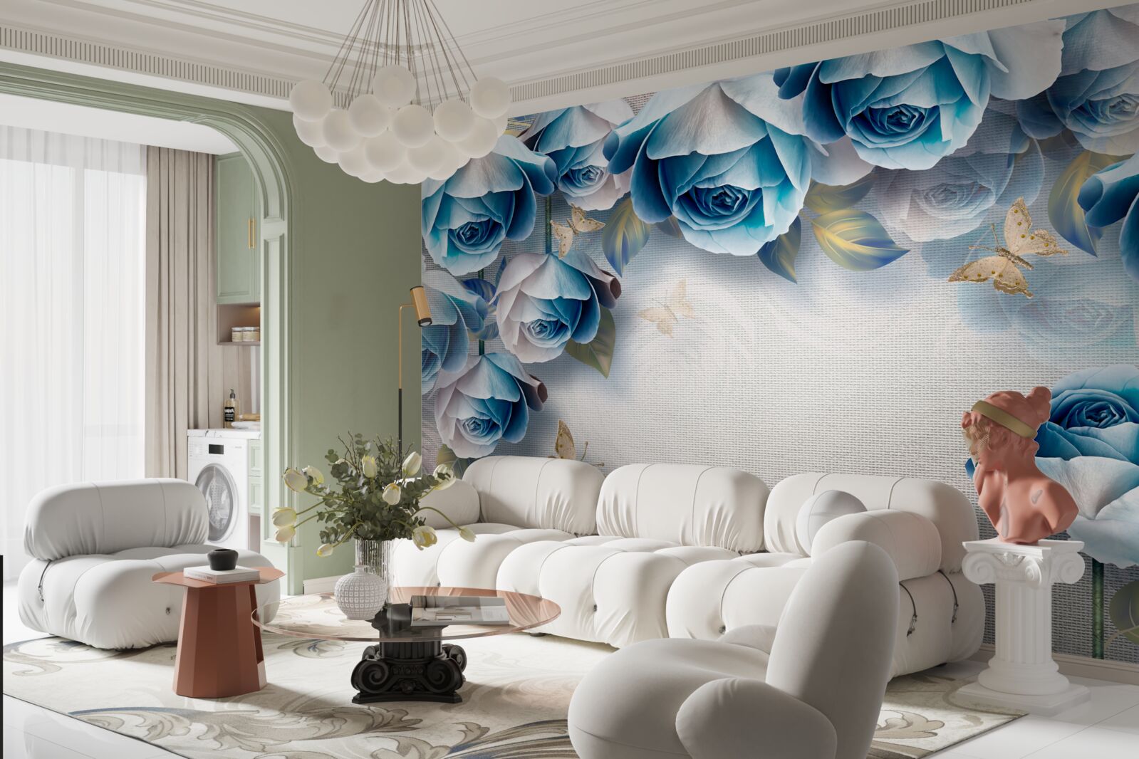 Papier peint papillons et roses bleues