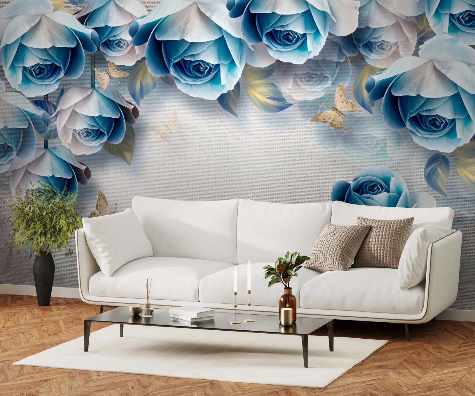 Papier peint papillons et roses bleues