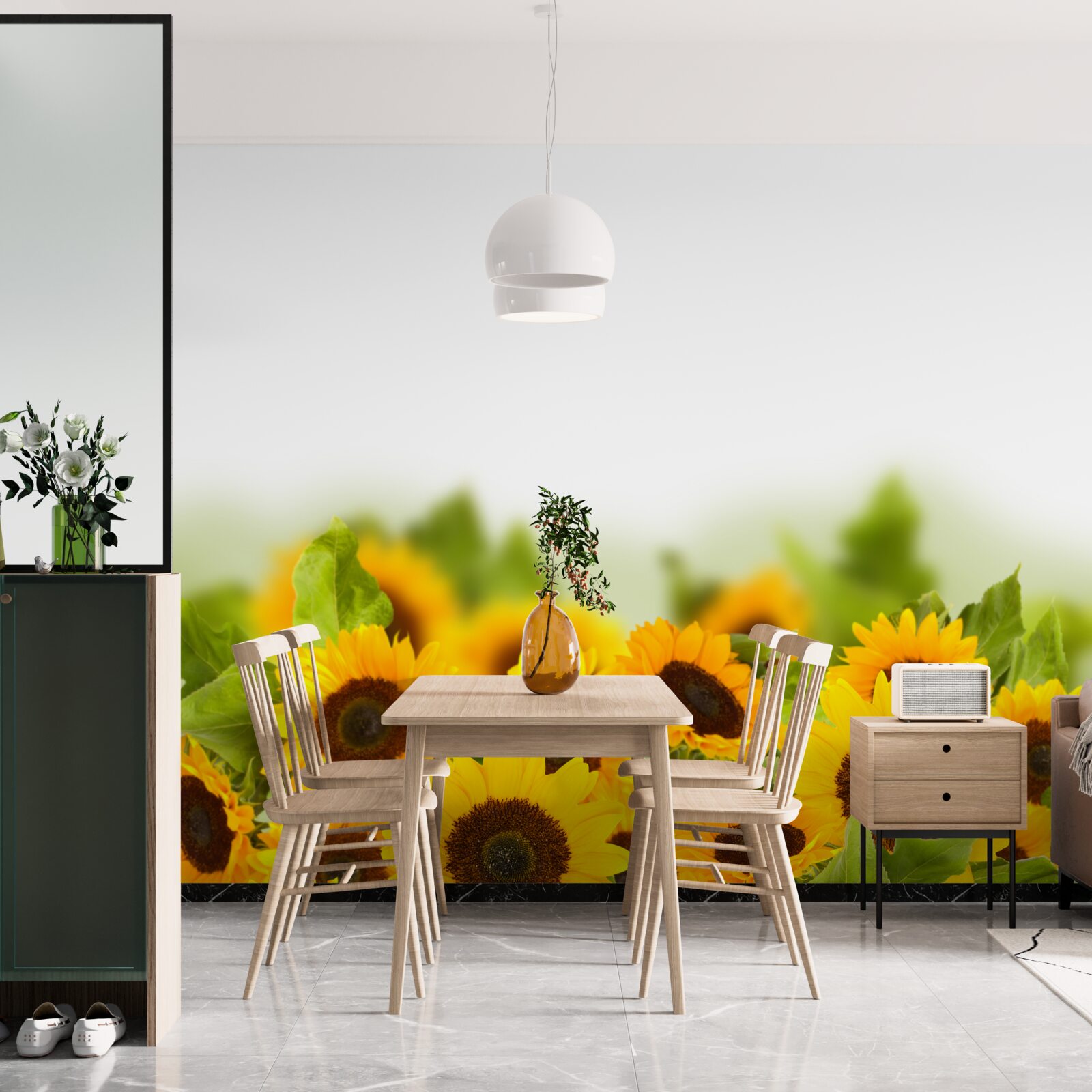 Papier peint champ décoré de tournesols colorés