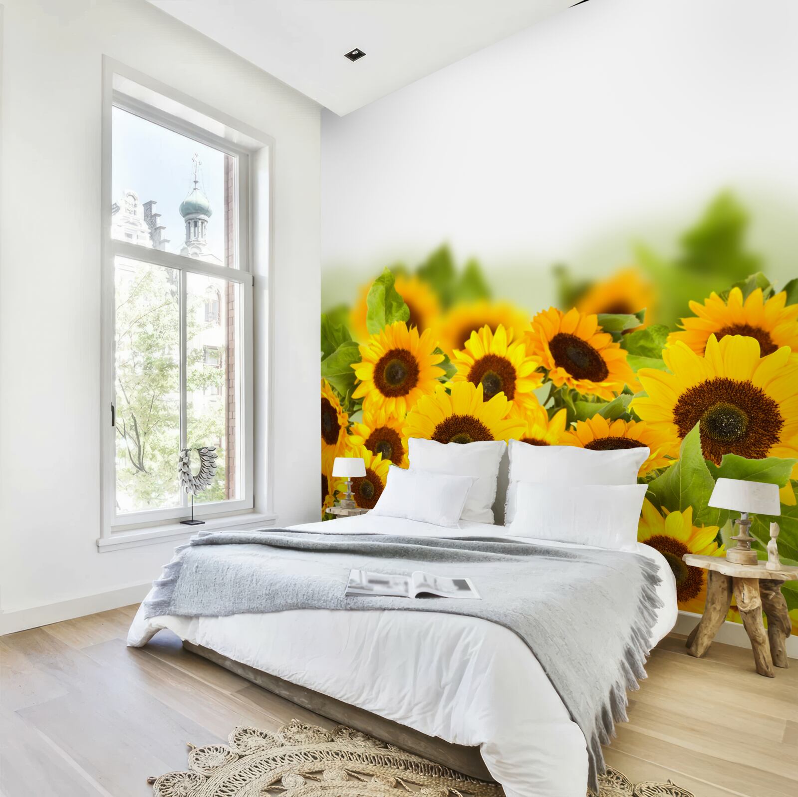 Papier peint champ décoré de tournesols colorés