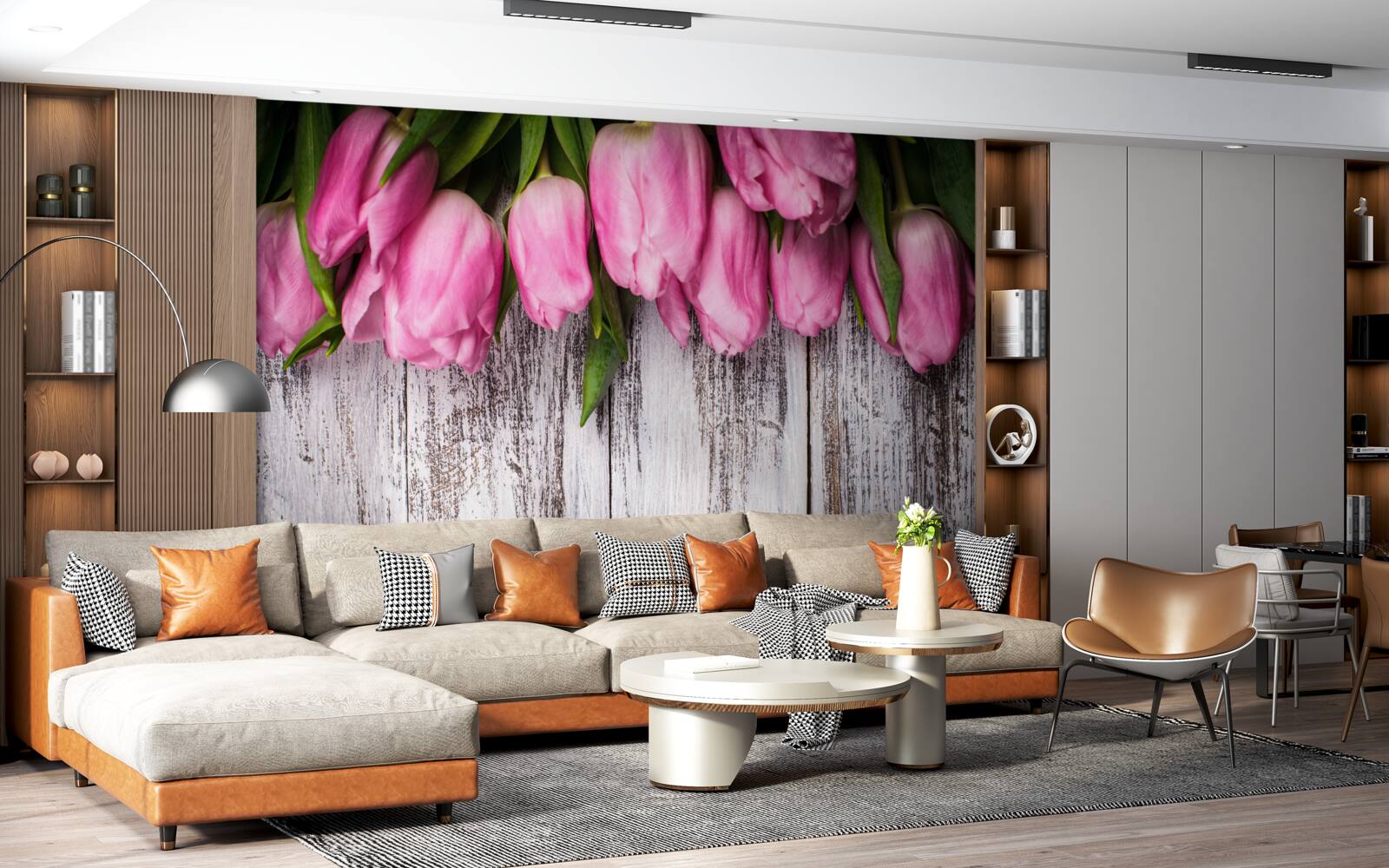 Papier peint tulipes roses sur fond de bois