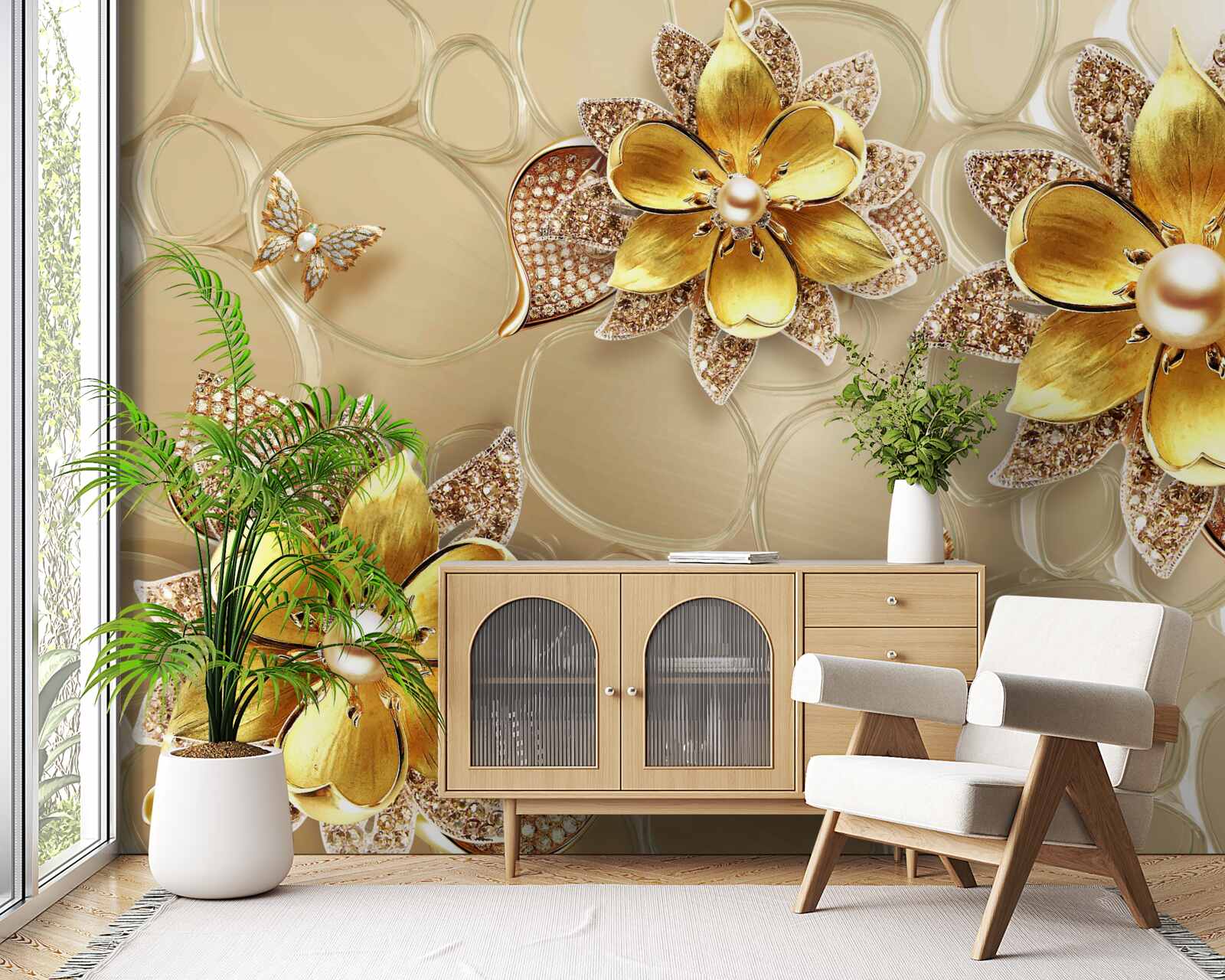 Papier peint fleurs en or, décorées de cristaux