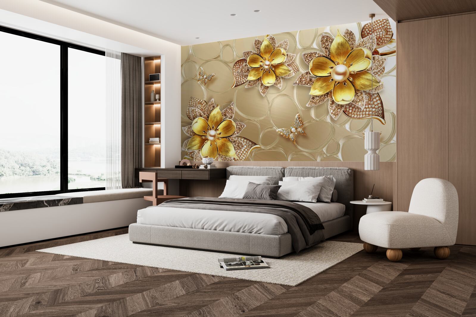 Papier peint fleurs en or, décorées de cristaux