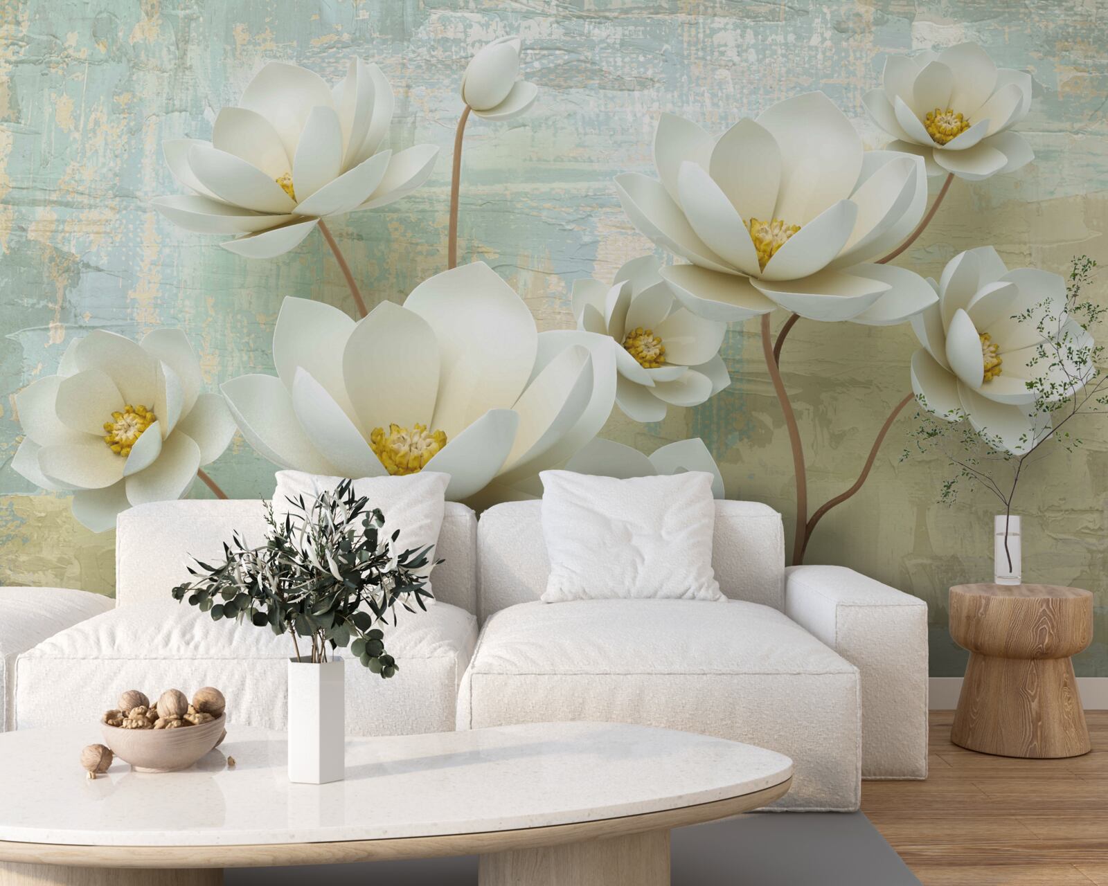 Papier peint les branches de magnolia fleurissent en blanc