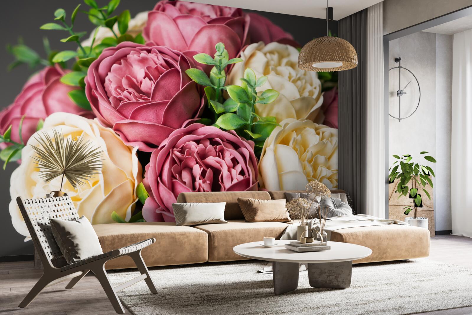 Papier peint bouquet de pivoines et de roses