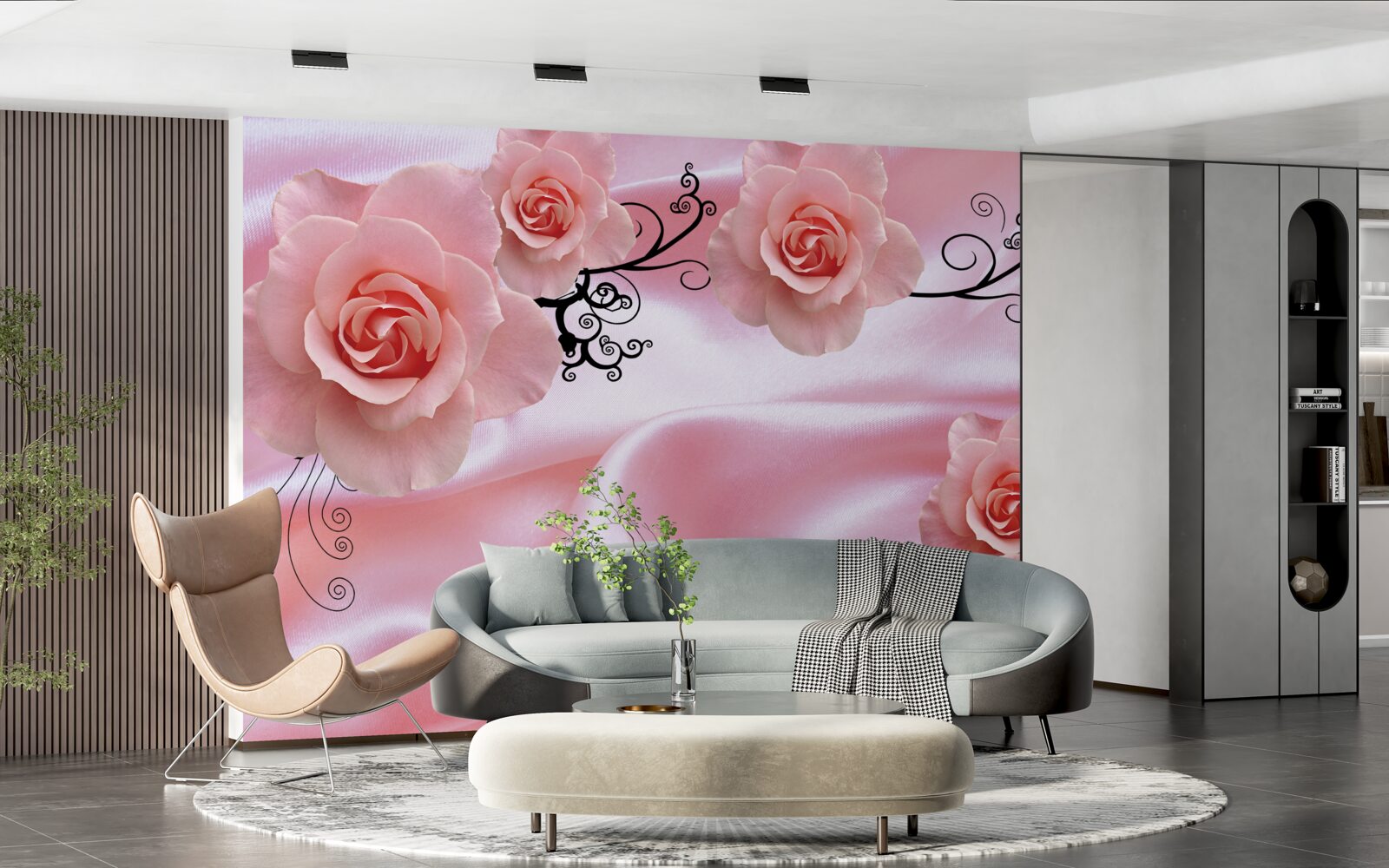 Papier peint fleurs roses sur tissu de soie rose