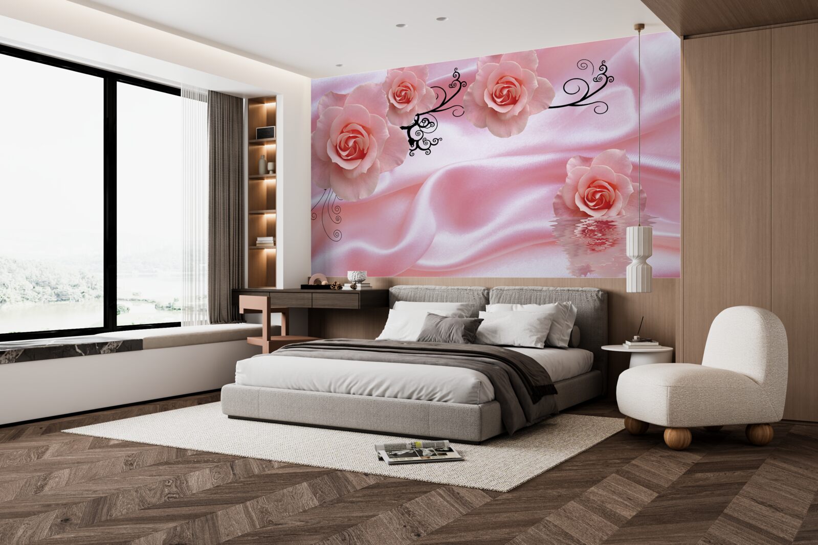 Papier peint fleurs roses sur tissu de soie rose