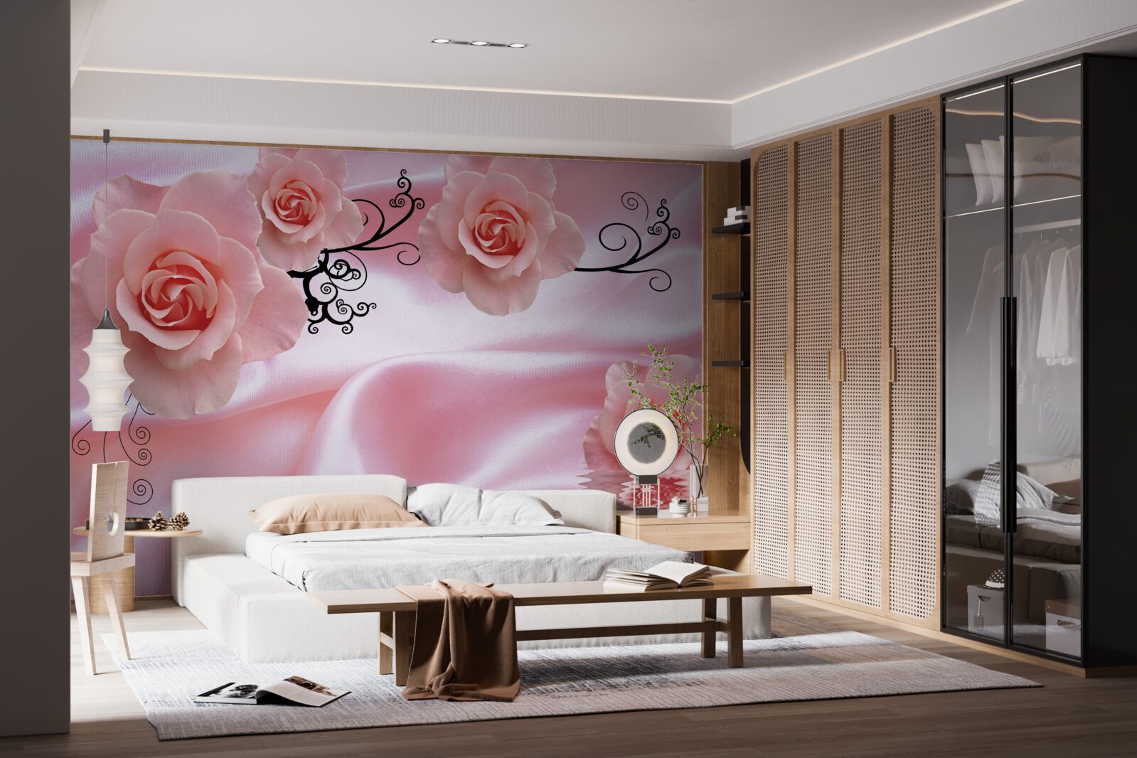 Papier peint fleurs roses sur tissu de soie rose