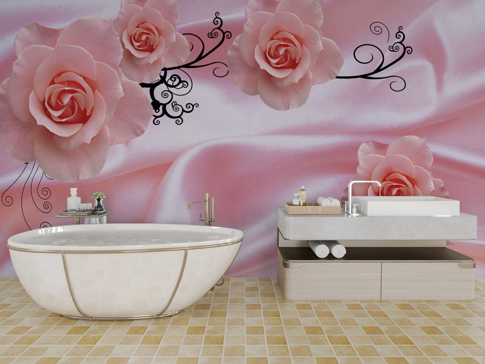 Papier peint fleurs roses sur tissu de soie rose