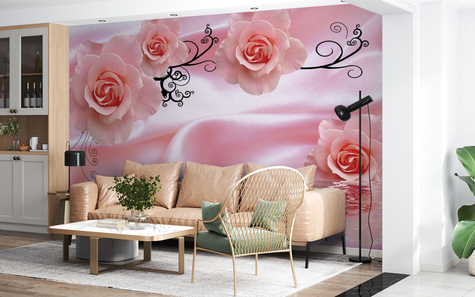 Papier peint fleurs roses sur tissu de soie rose