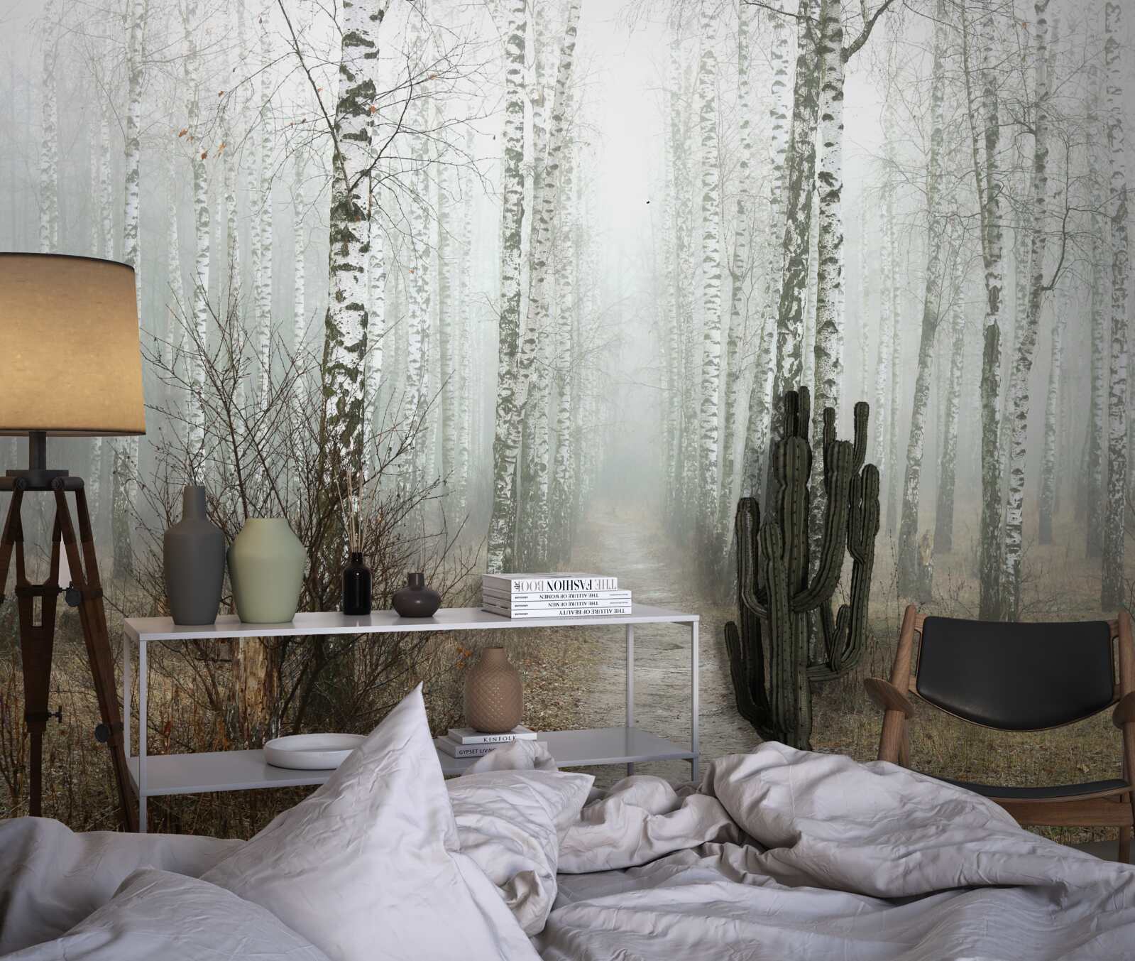 Papier peint Un sentier à travers une forêt brumeuse pleine de bouleaux