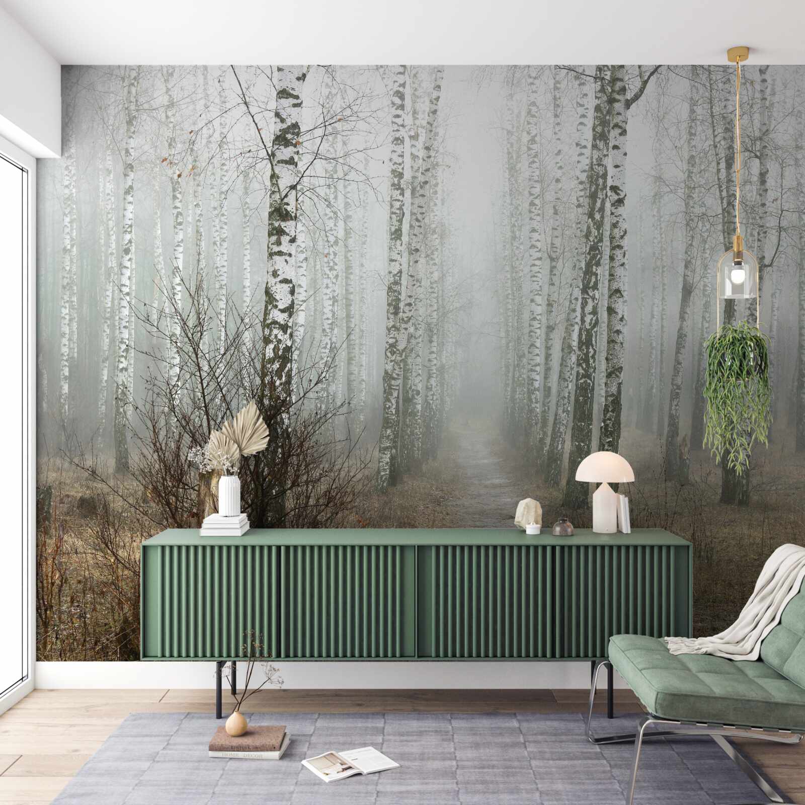 Papier peint Un sentier à travers une forêt brumeuse pleine de bouleaux