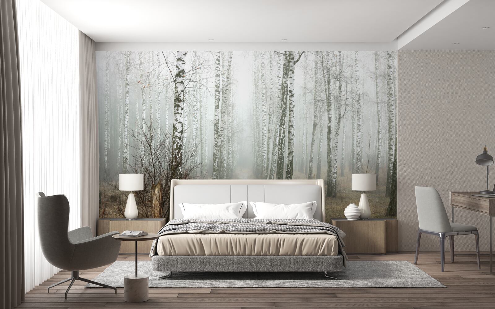 Papier peint Un sentier à travers une forêt brumeuse pleine de bouleaux