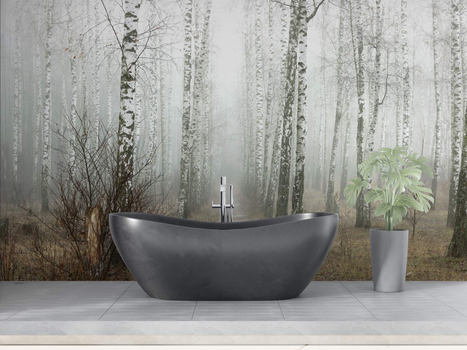 Papier peint Un sentier à travers une forêt brumeuse pleine de bouleaux