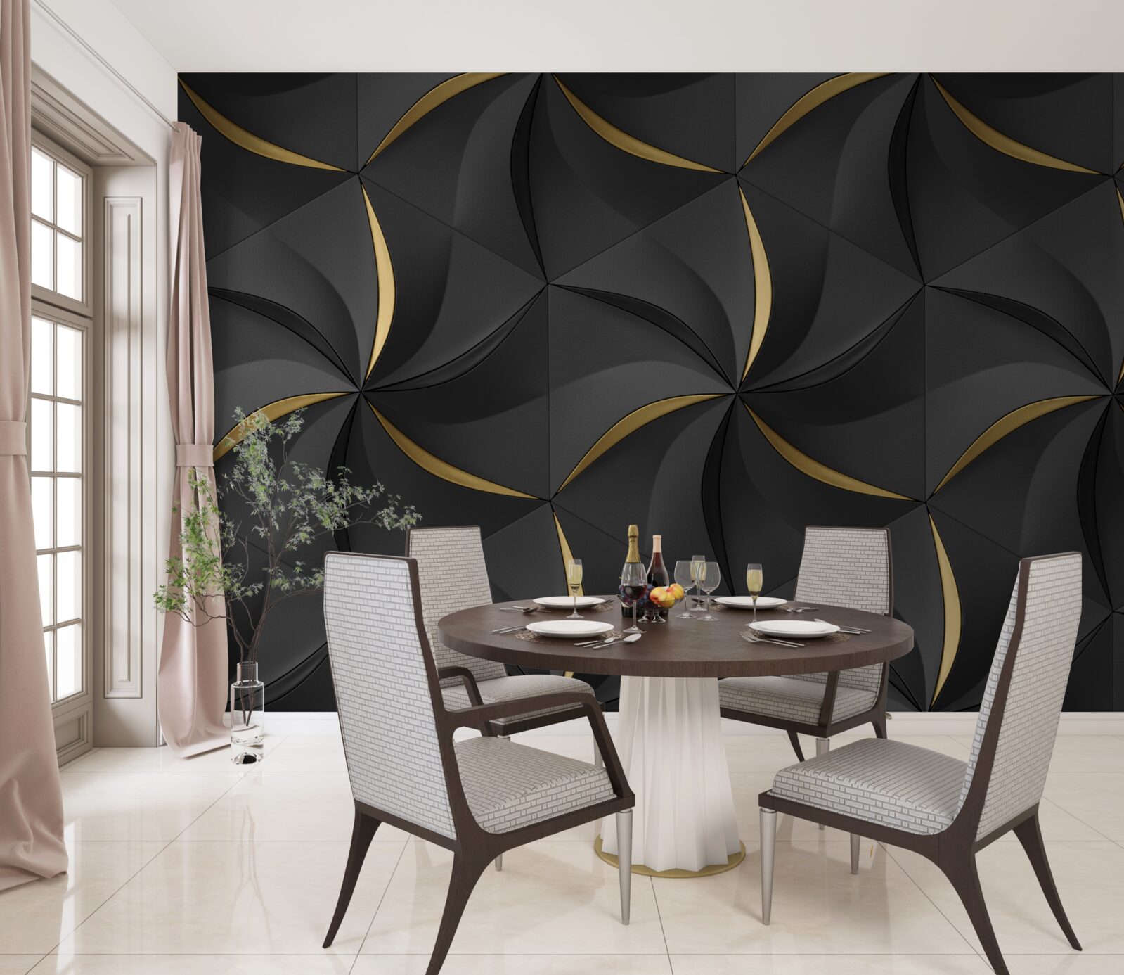 Papier peint spirales dorées sur fond noir