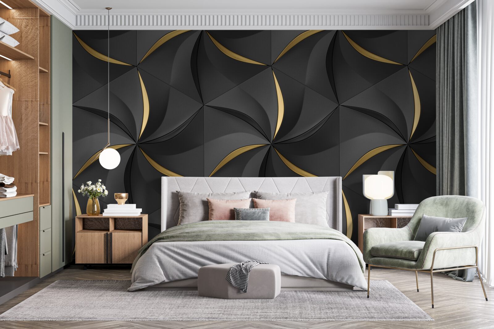 Papier peint spirales dorées sur fond noir