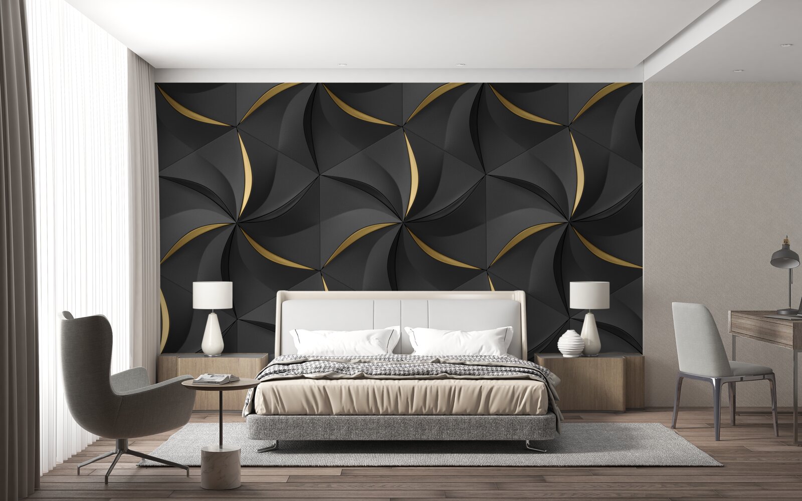 Papier peint spirales dorées sur fond noir