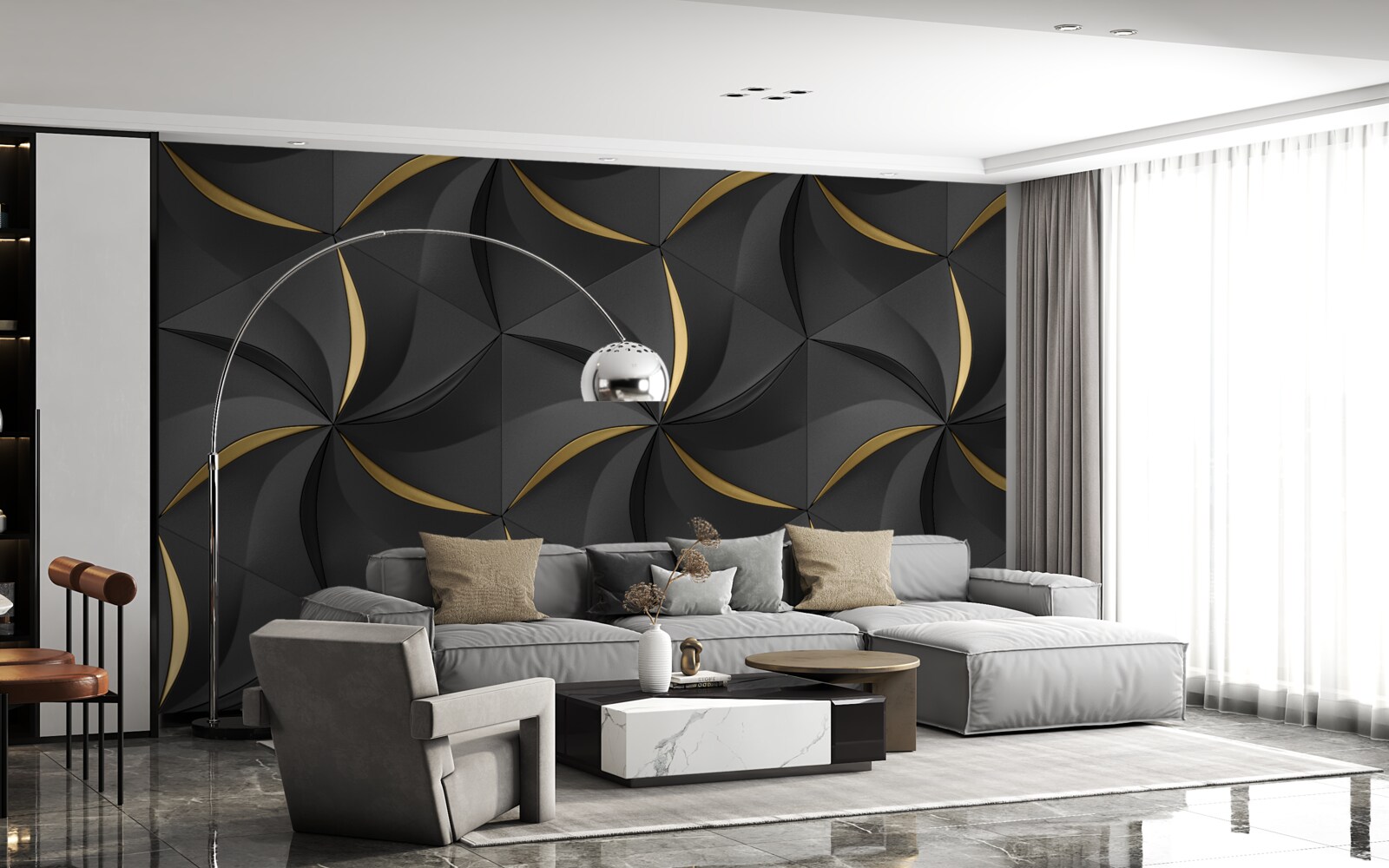 Papier peint spirales dorées sur fond noir