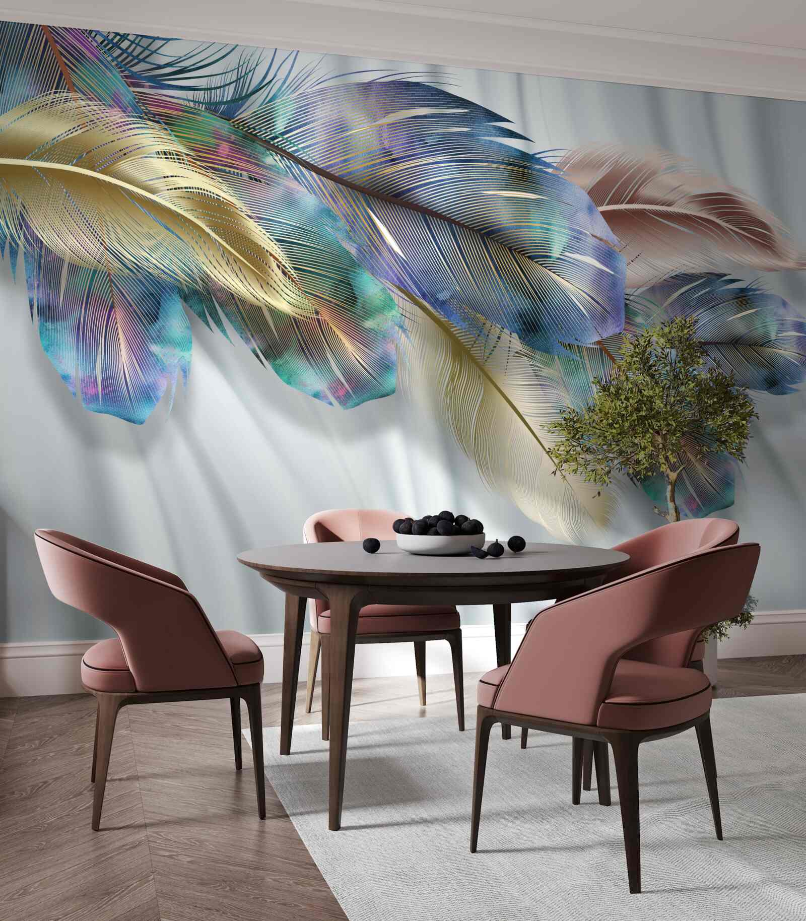 Papier peint plumes extravagantes sur fond blanc pur