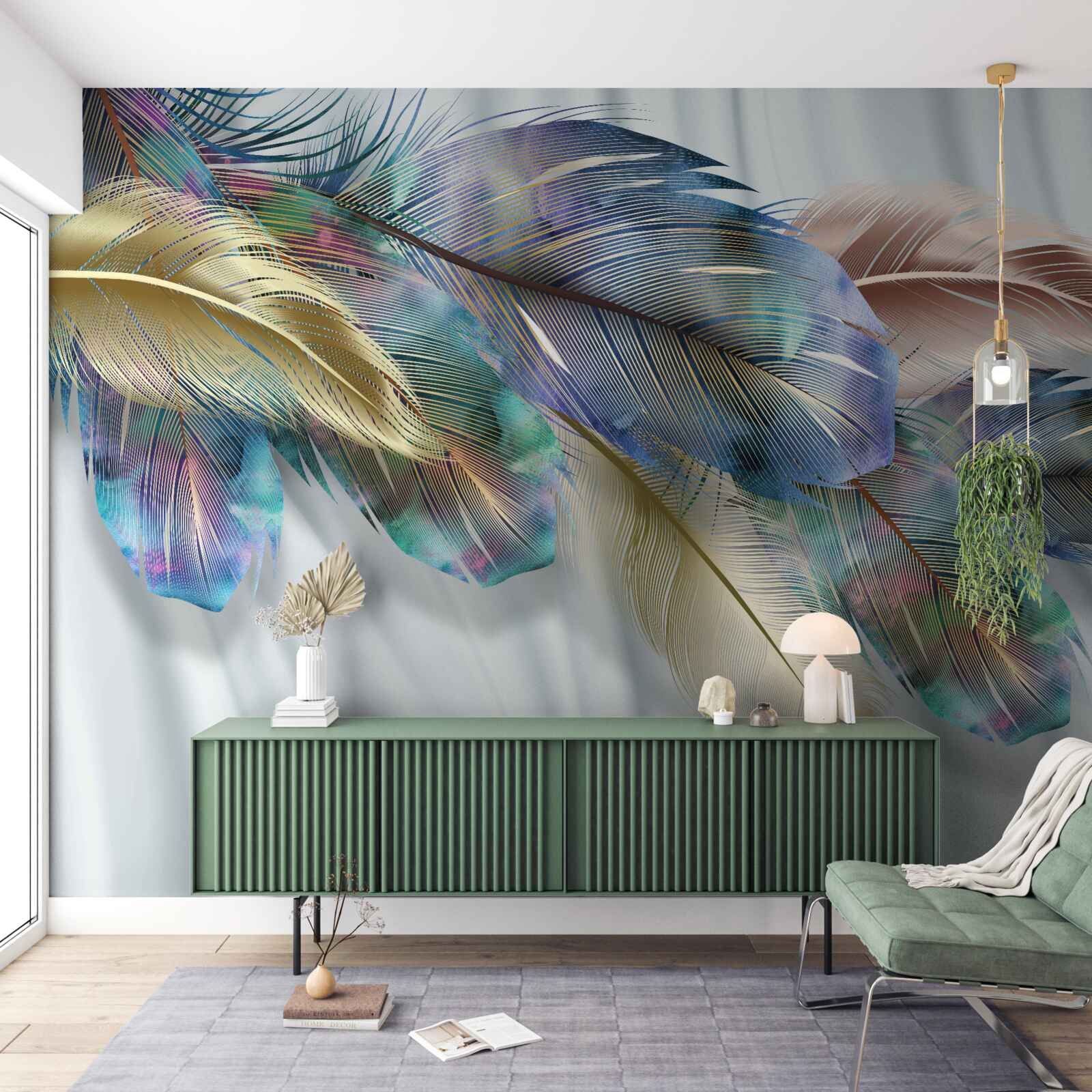 Papier peint plumes extravagantes sur fond blanc pur