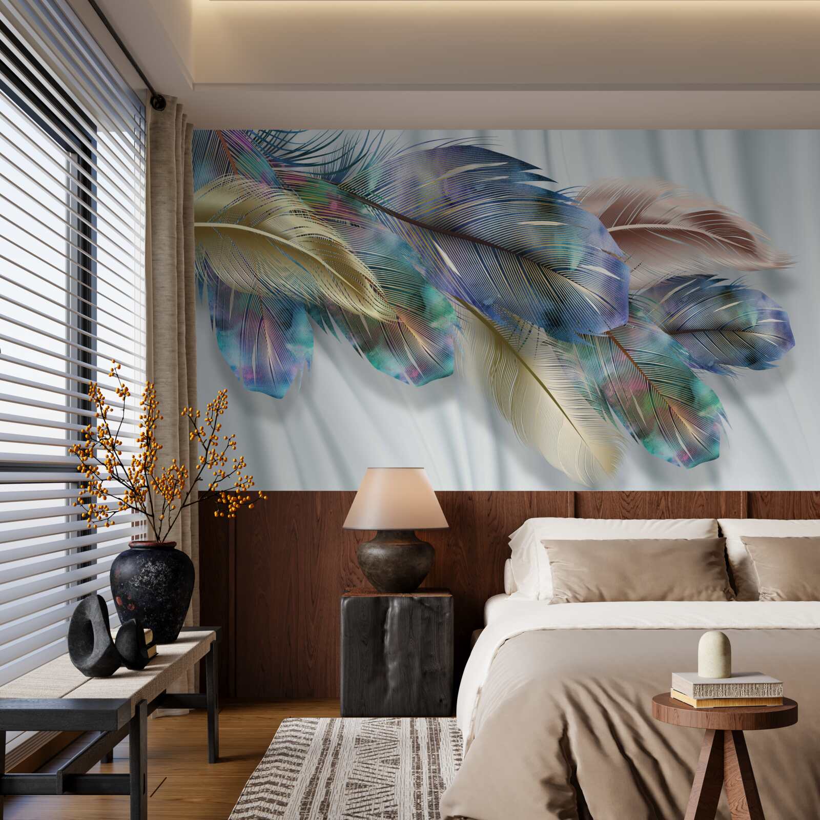 Papier peint plumes extravagantes sur fond blanc pur