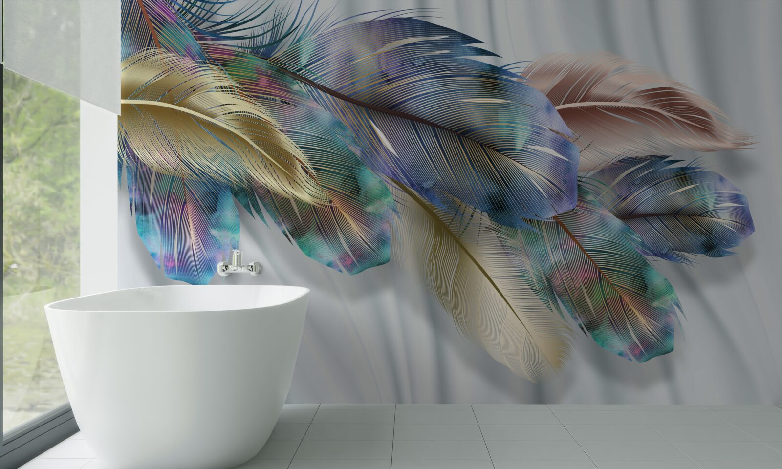 Papier peint plumes extravagantes sur fond blanc pur