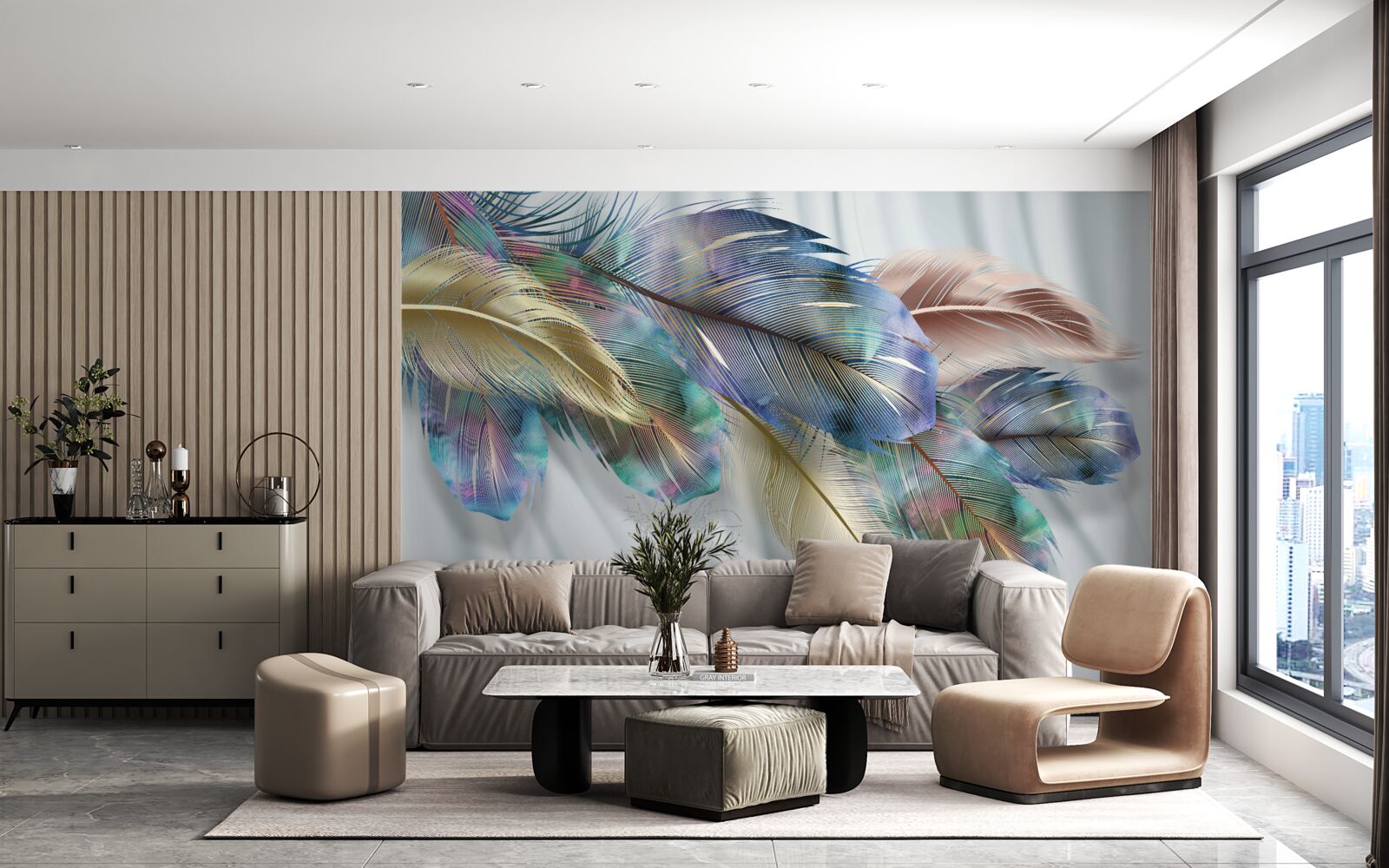 Papier peint plumes extravagantes sur fond blanc pur