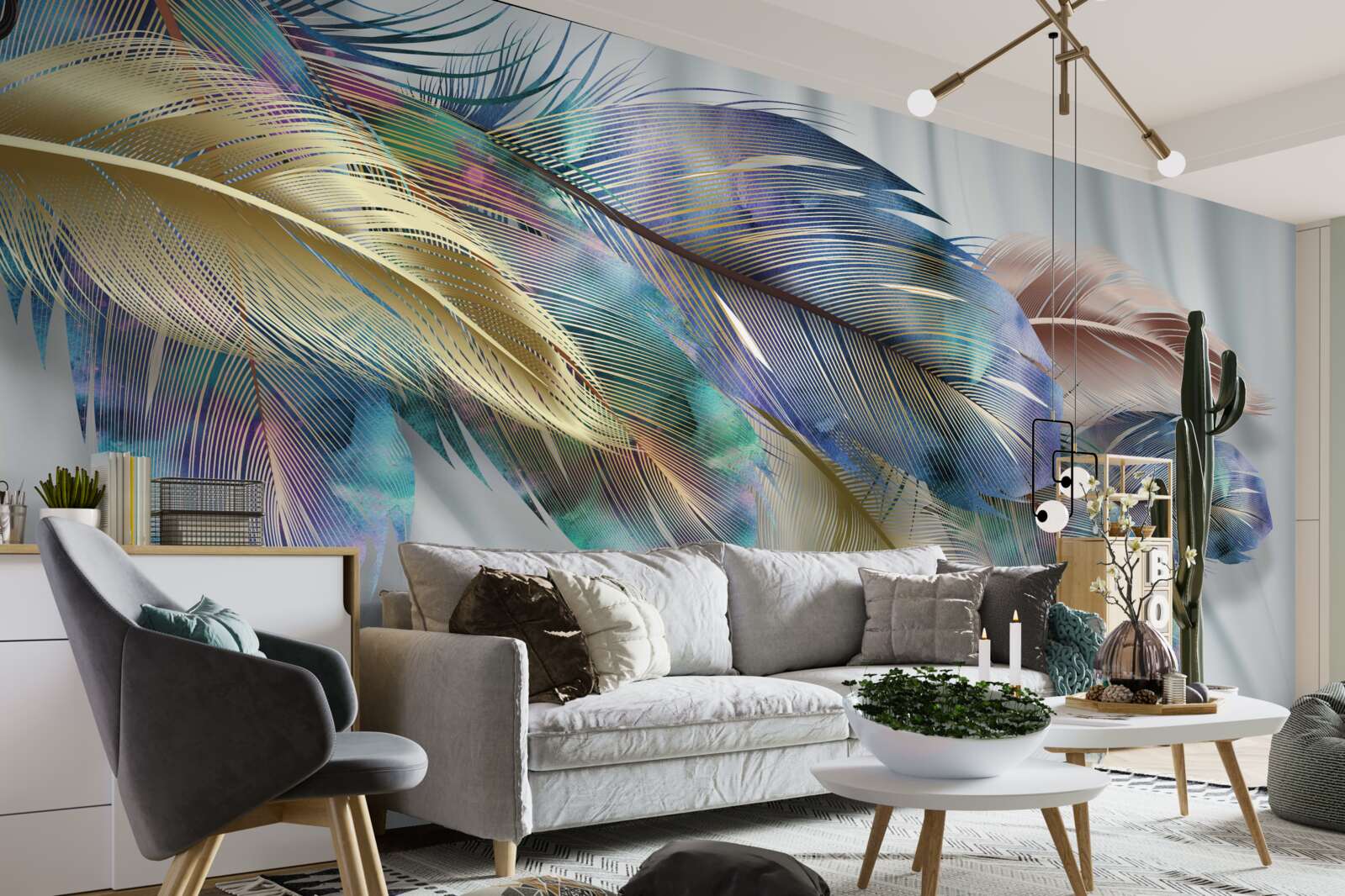 Papier peint plumes extravagantes sur fond blanc pur