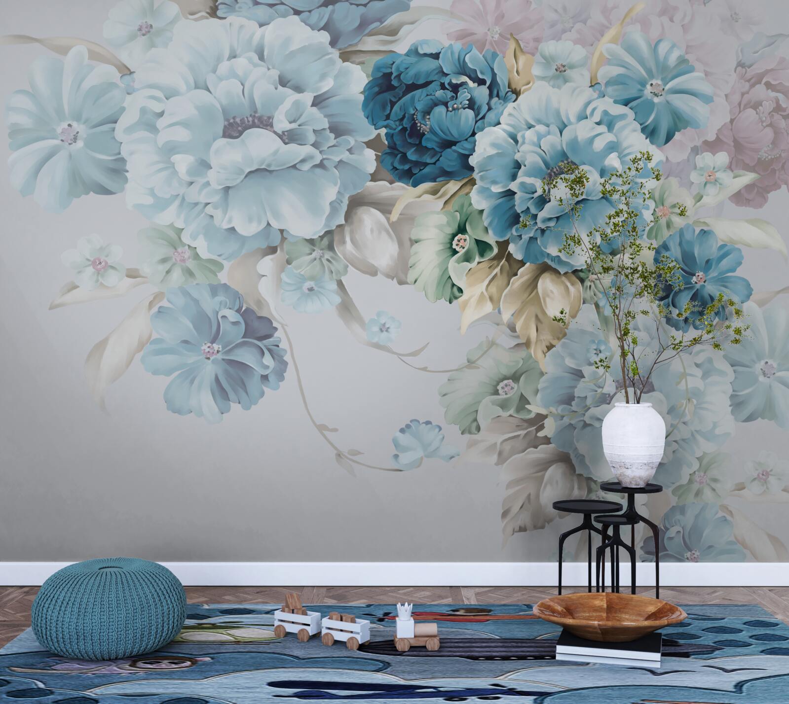 Papier peint la composition contient des fleurs lilas et bleues