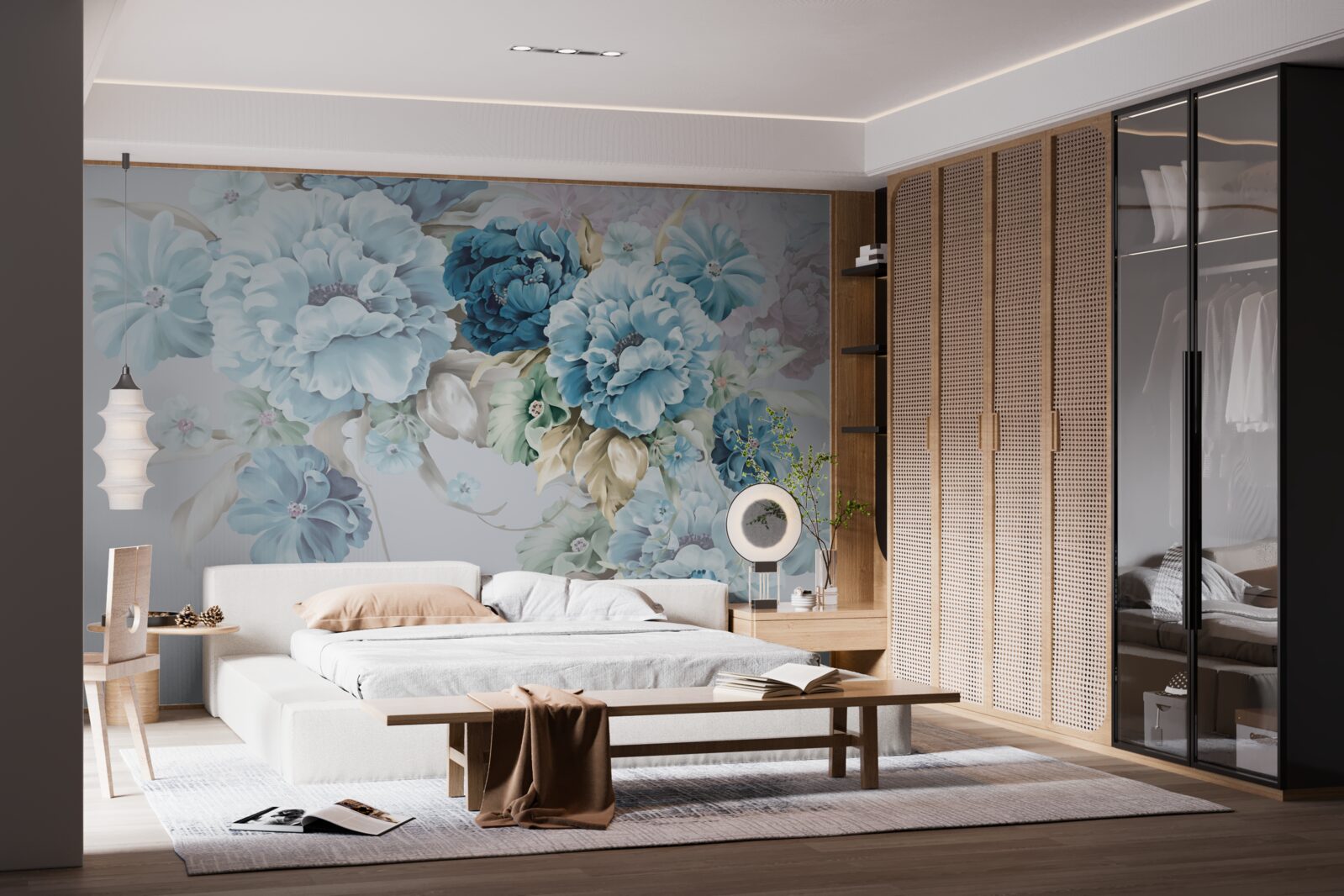 Papier peint la composition contient des fleurs lilas et bleues