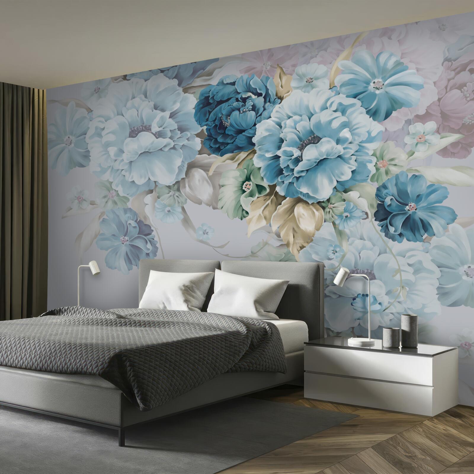 Papier peint la composition contient des fleurs lilas et bleues