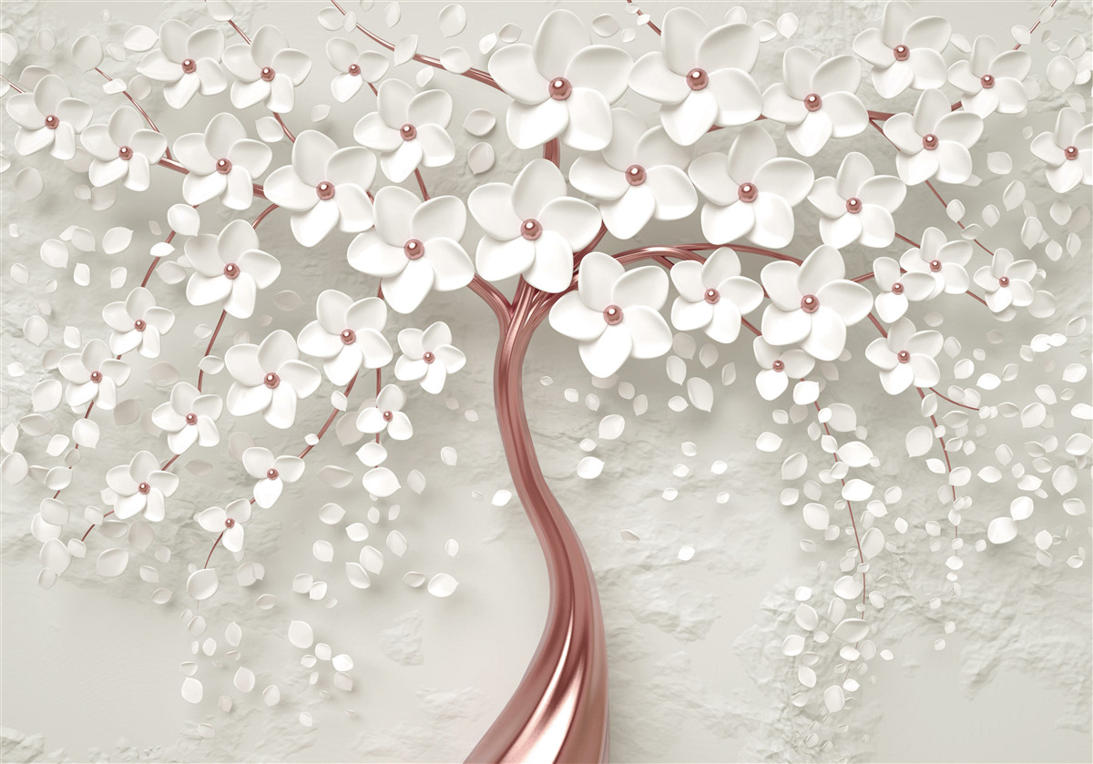 Papier peint arbre à fleurs blanches, floraison abondante