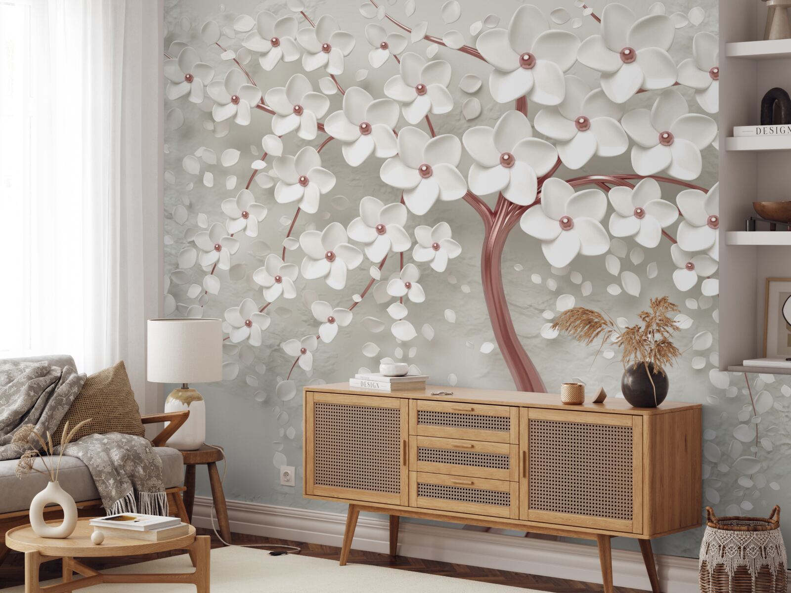 Papier peint arbre à fleurs blanches, floraison abondante