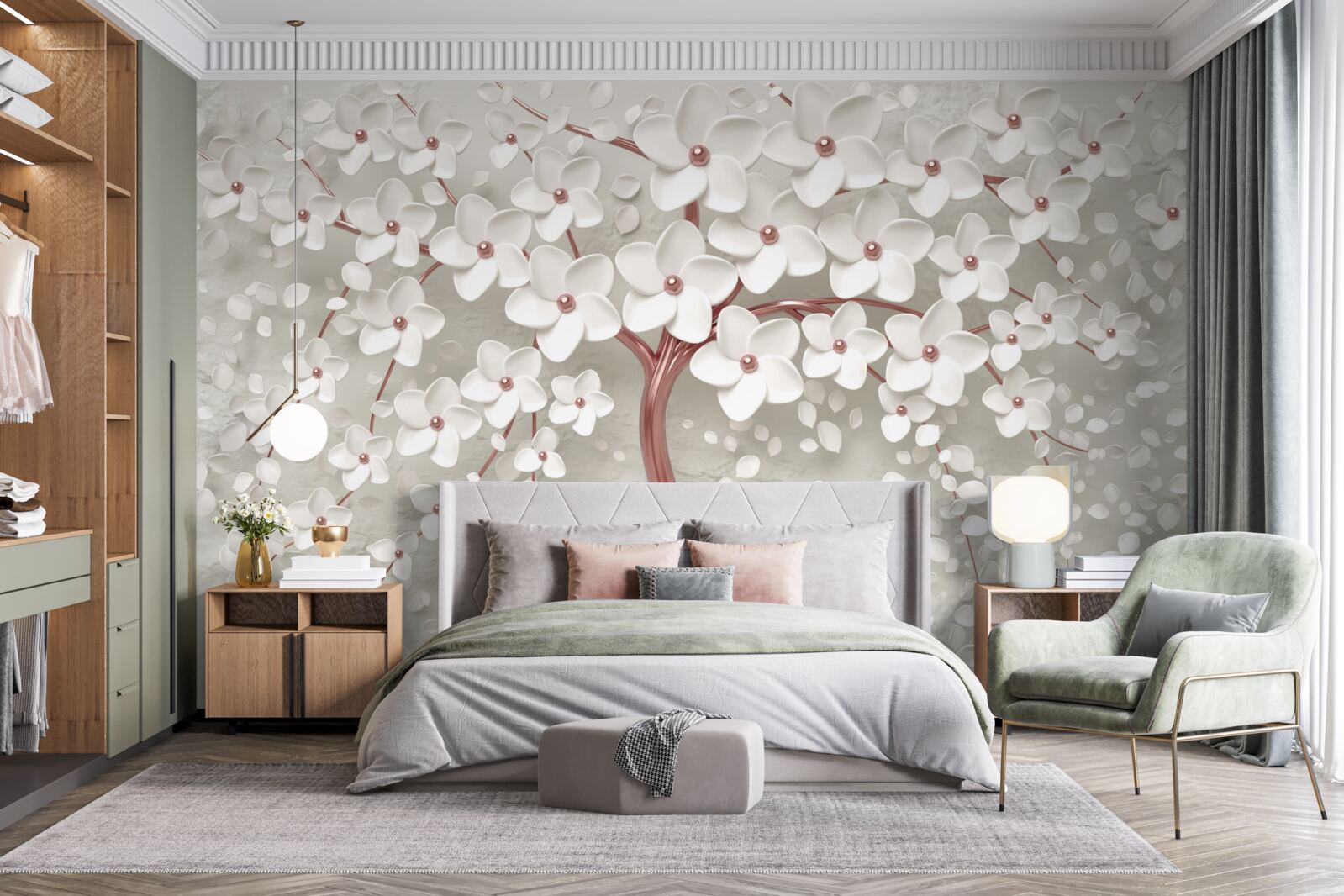 Papier peint arbre à fleurs blanches, floraison abondante