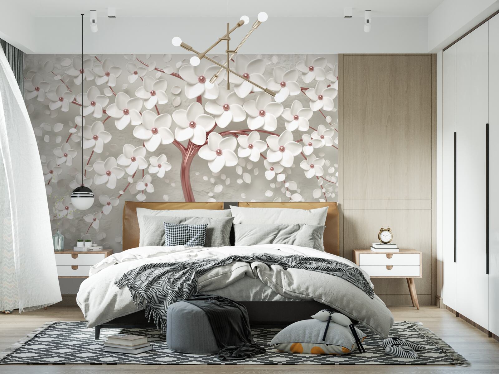 Papier peint arbre à fleurs blanches, floraison abondante