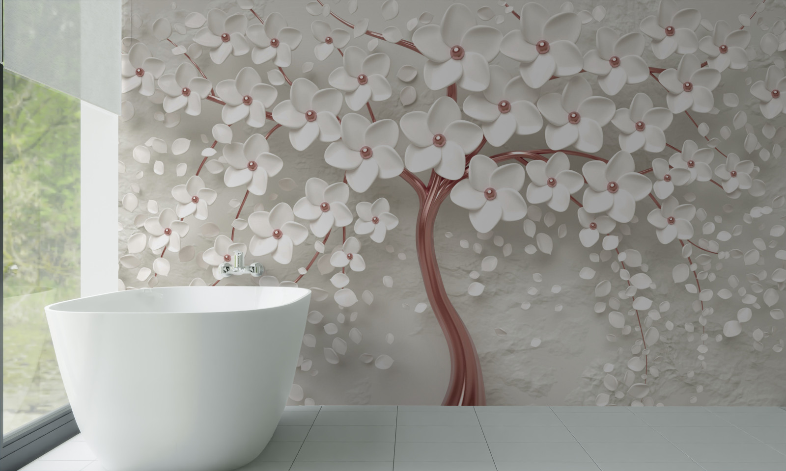 Papier peint arbre à fleurs blanches, floraison abondante