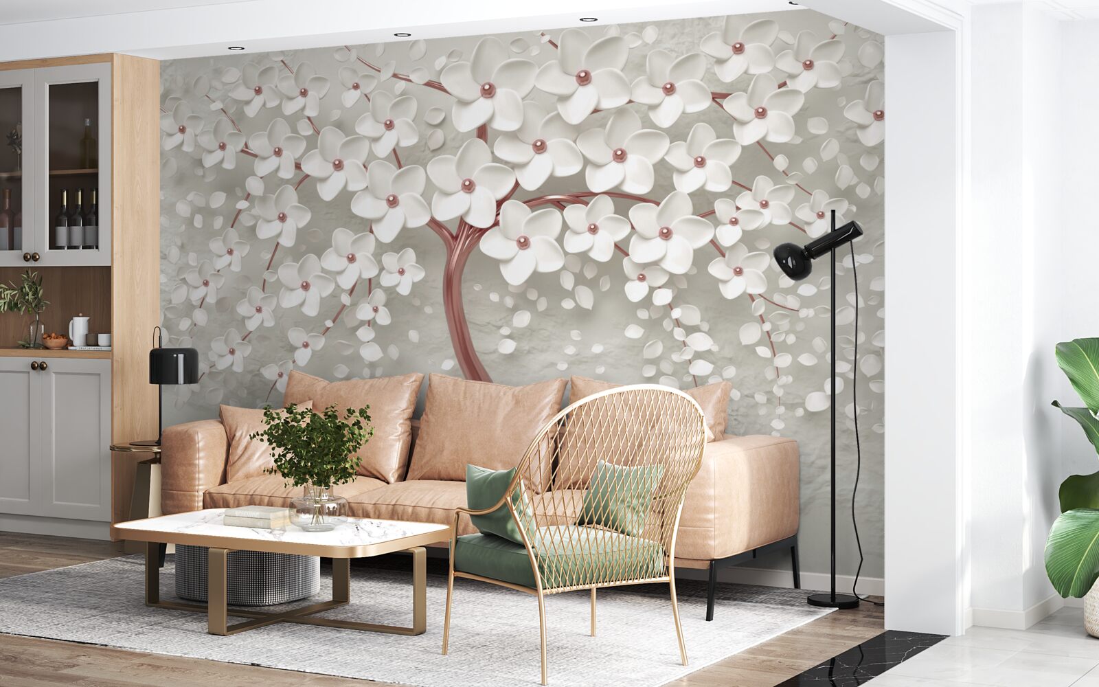 Papier peint arbre à fleurs blanches, floraison abondante