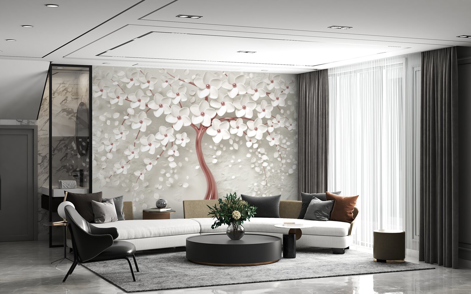 Papier peint arbre à fleurs blanches, floraison abondante