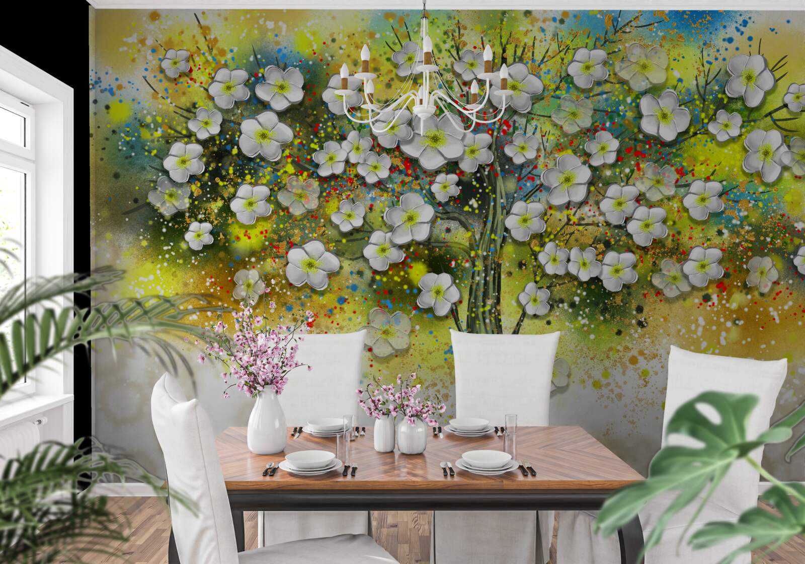 Papier peint arbre vert, fleuri et succulent