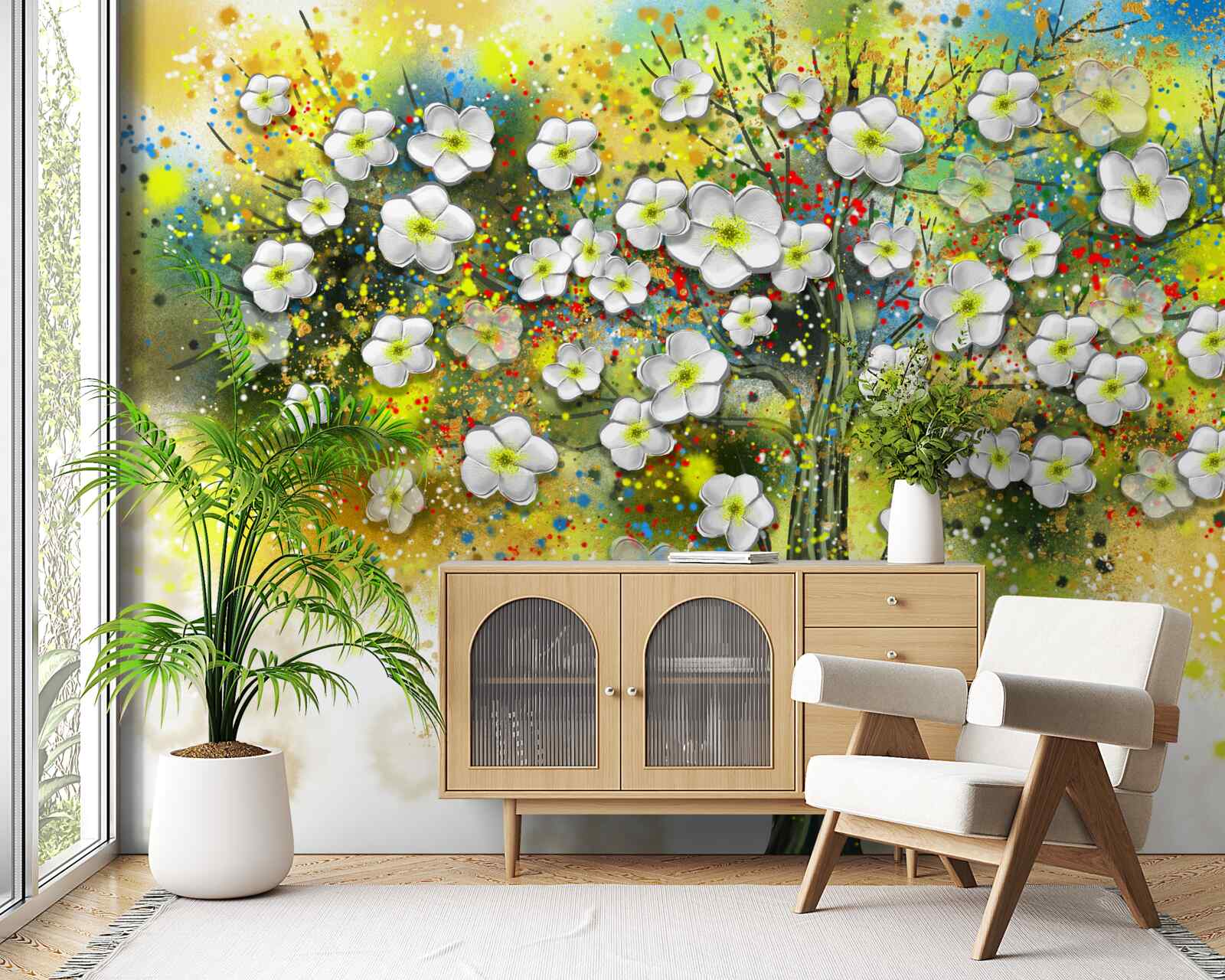 Papier peint arbre vert, fleuri et succulent