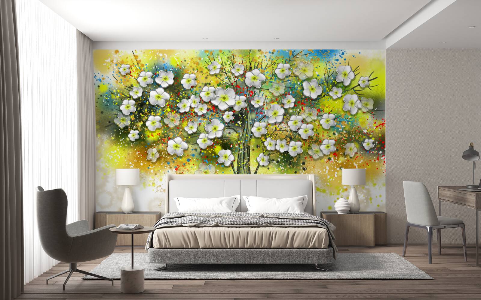 Papier peint arbre vert, fleuri et succulent