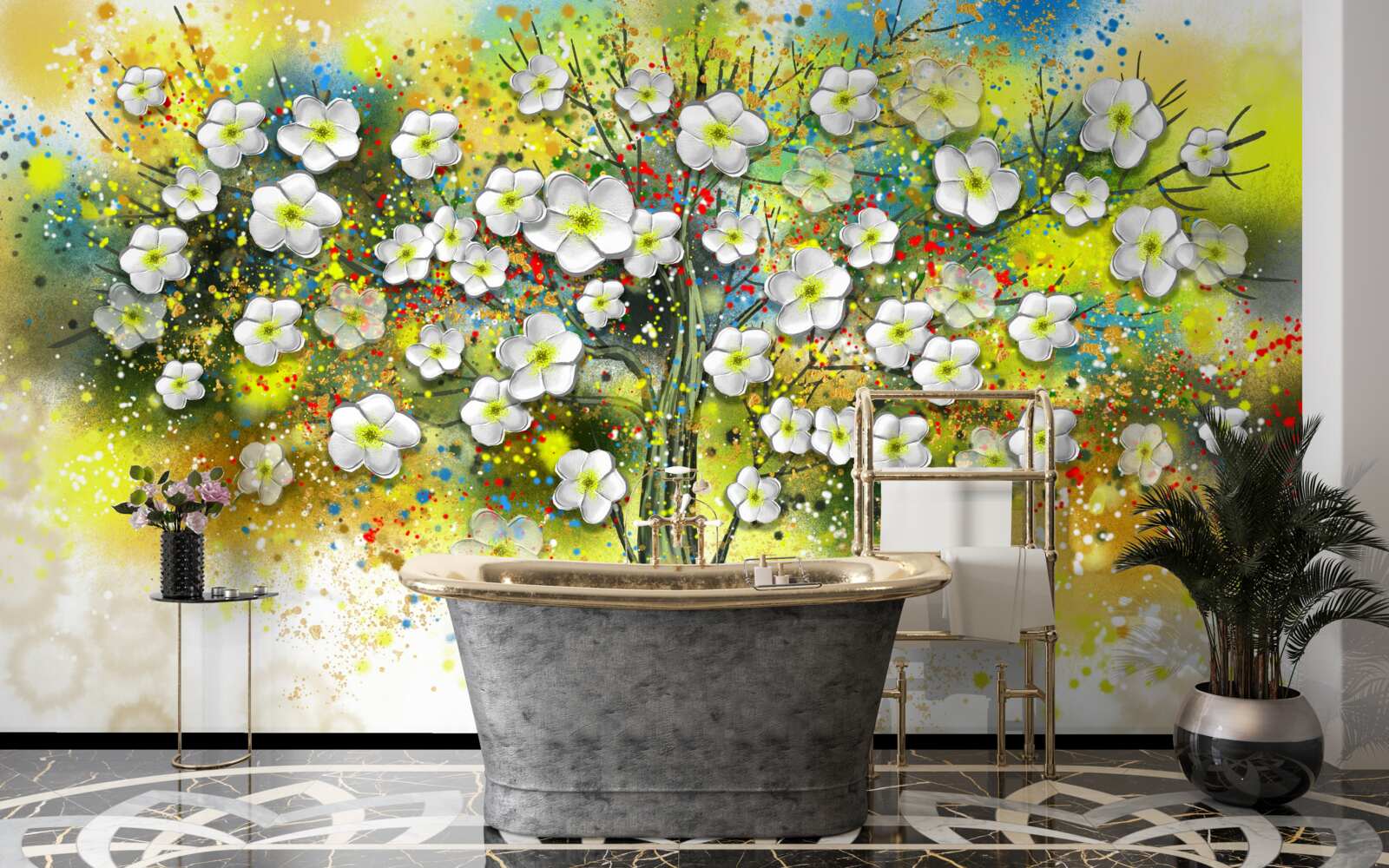 Papier peint arbre vert, fleuri et succulent