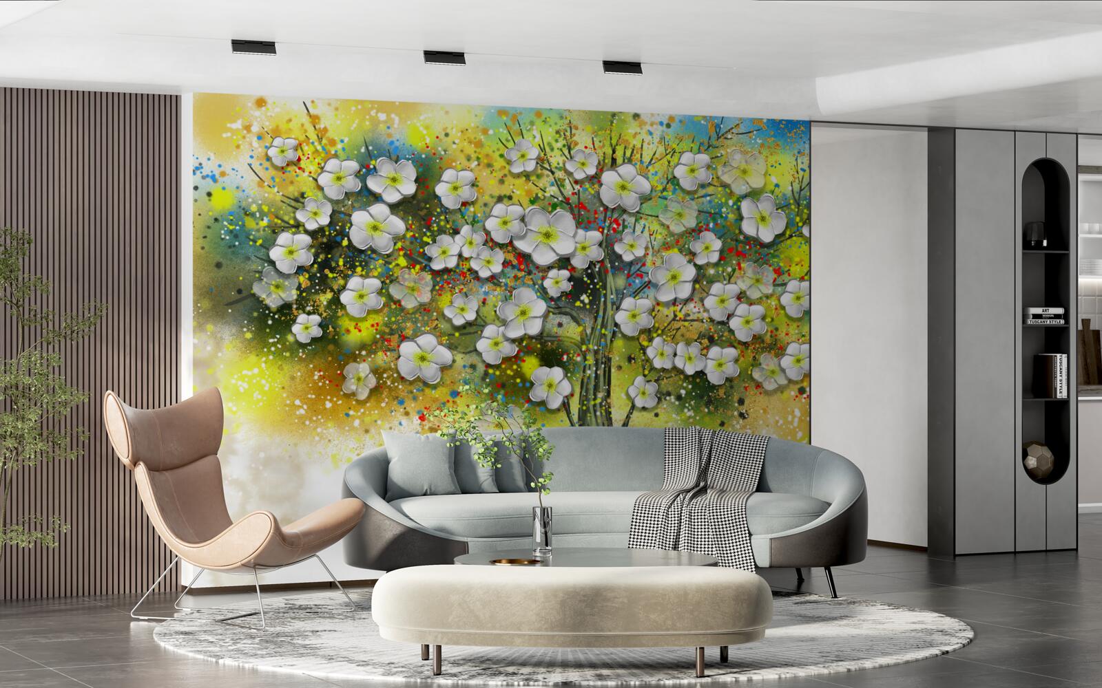 Papier peint arbre vert, fleuri et succulent