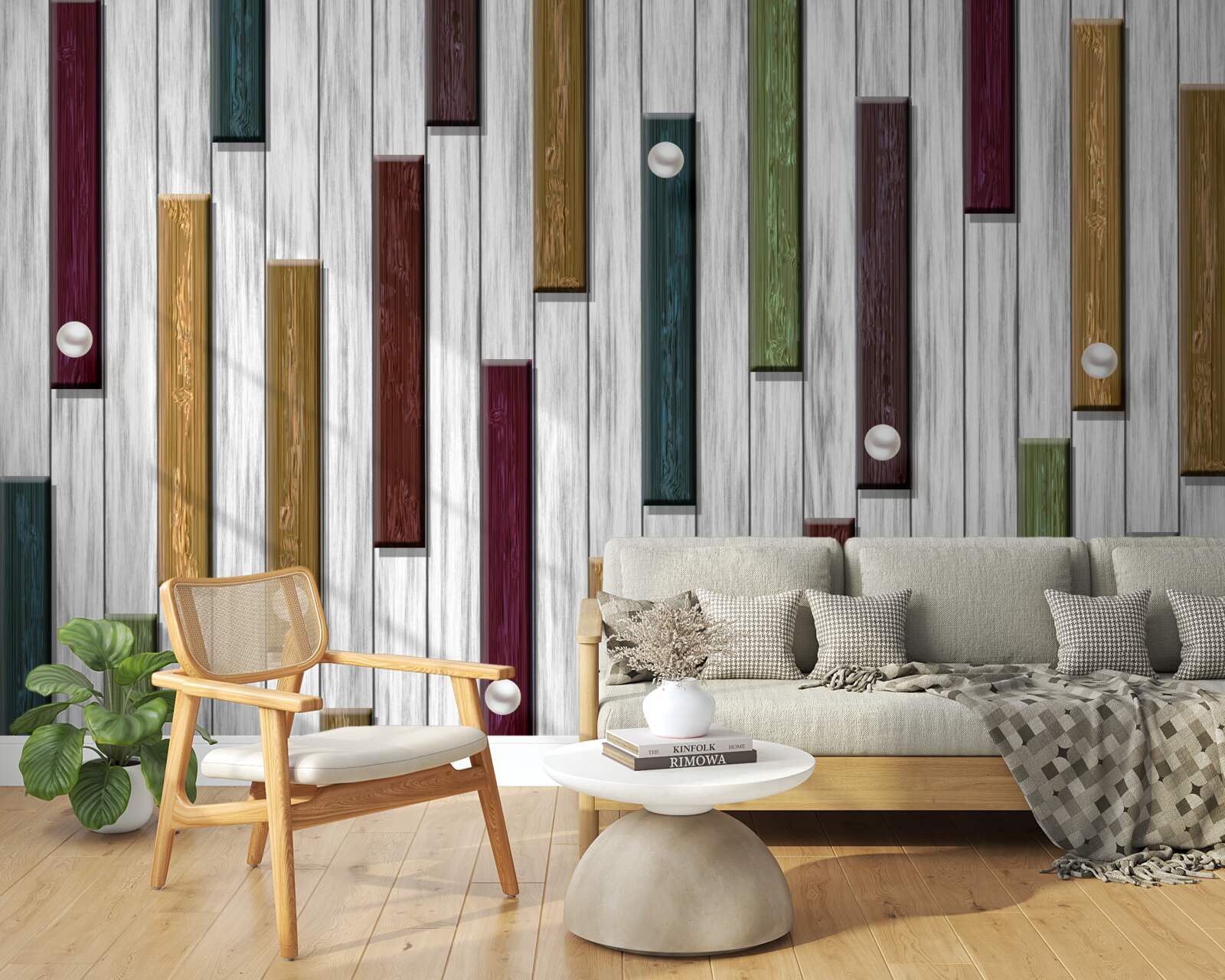 Papier peint rayures multicolores sur fond gris