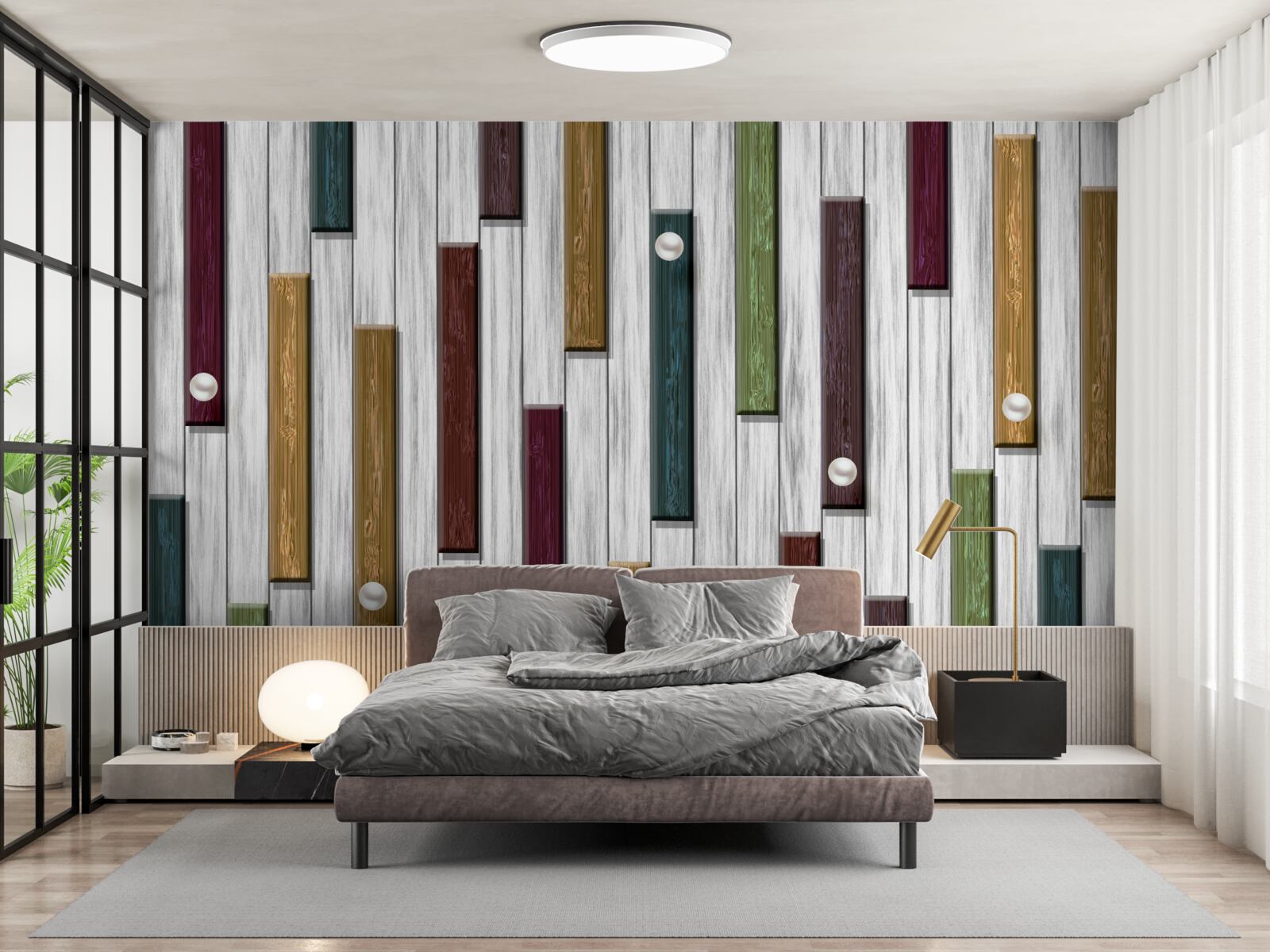 Papier peint rayures multicolores sur fond gris