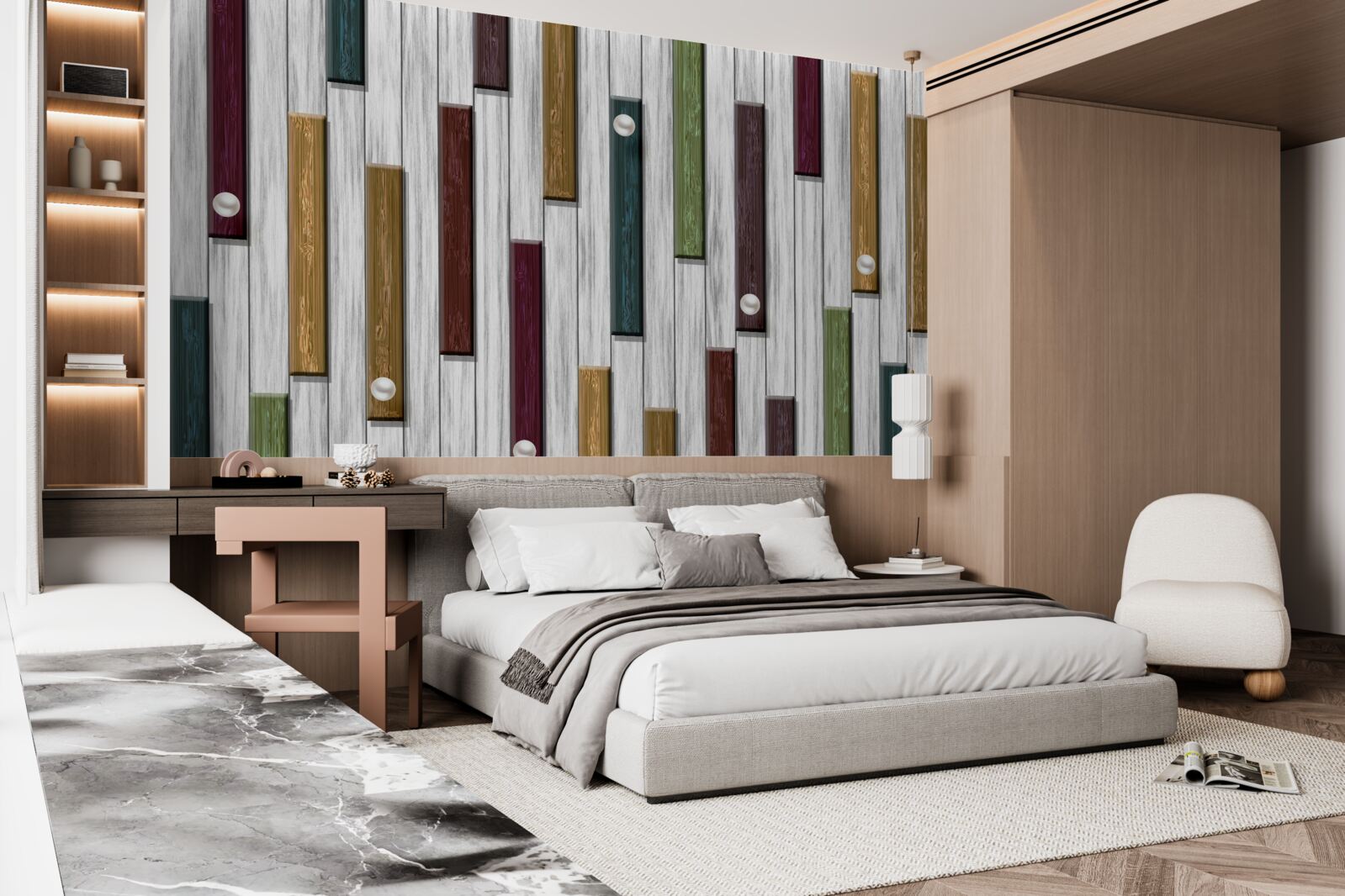 Papier peint rayures multicolores sur fond gris