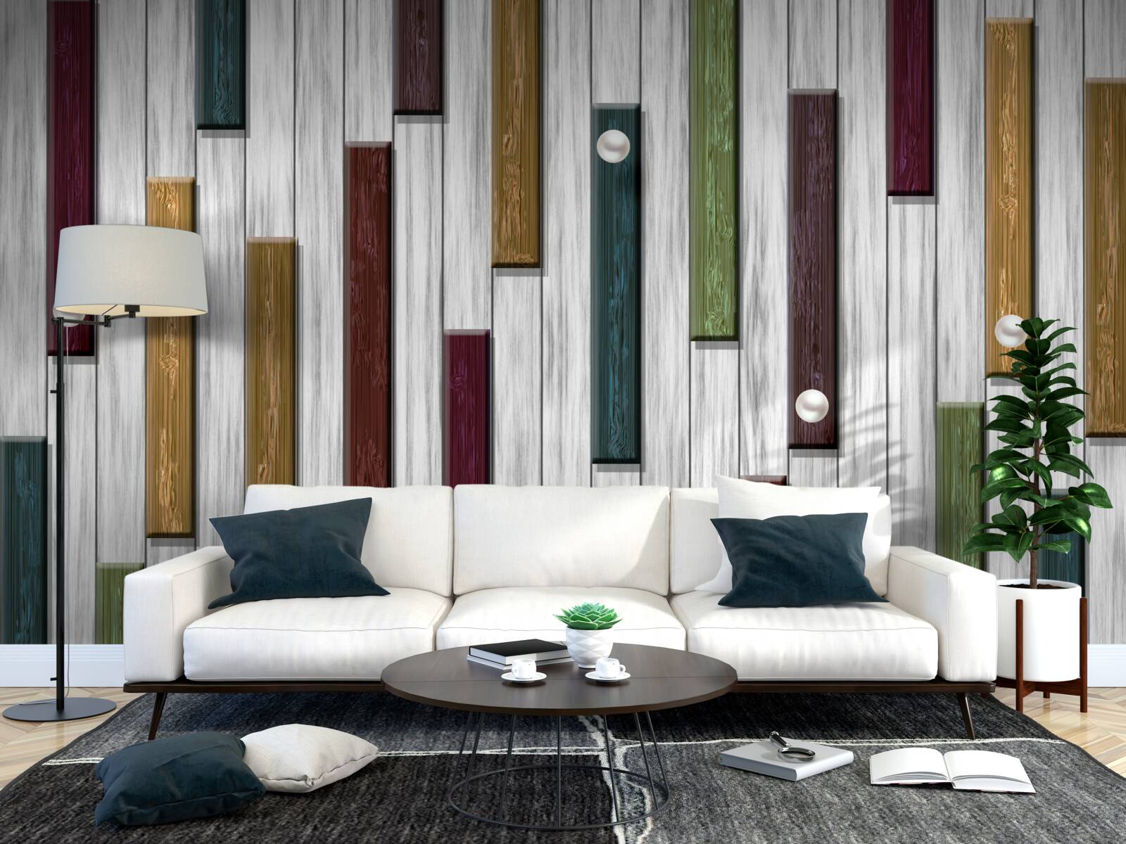 Papier peint rayures multicolores sur fond gris