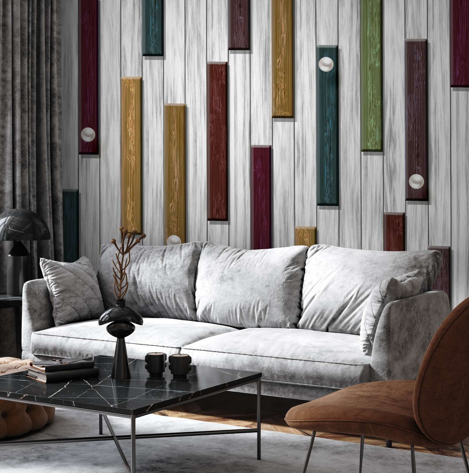 Papier peint rayures multicolores sur fond gris