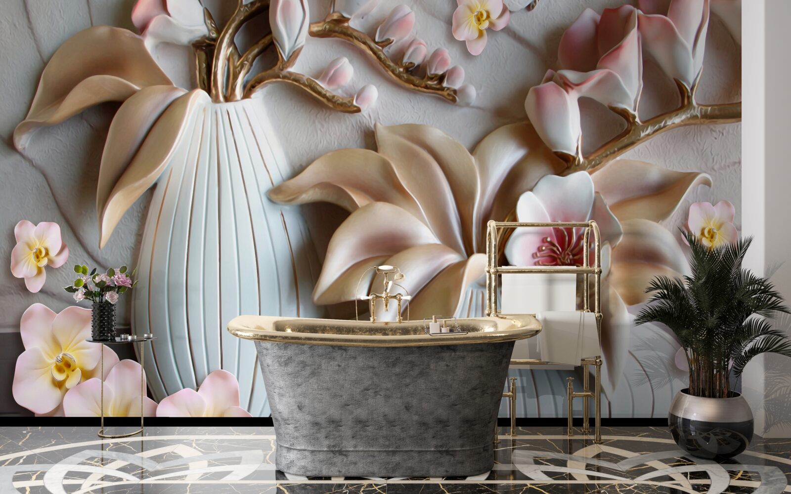 Papier peint divers vases à orchidées blancs