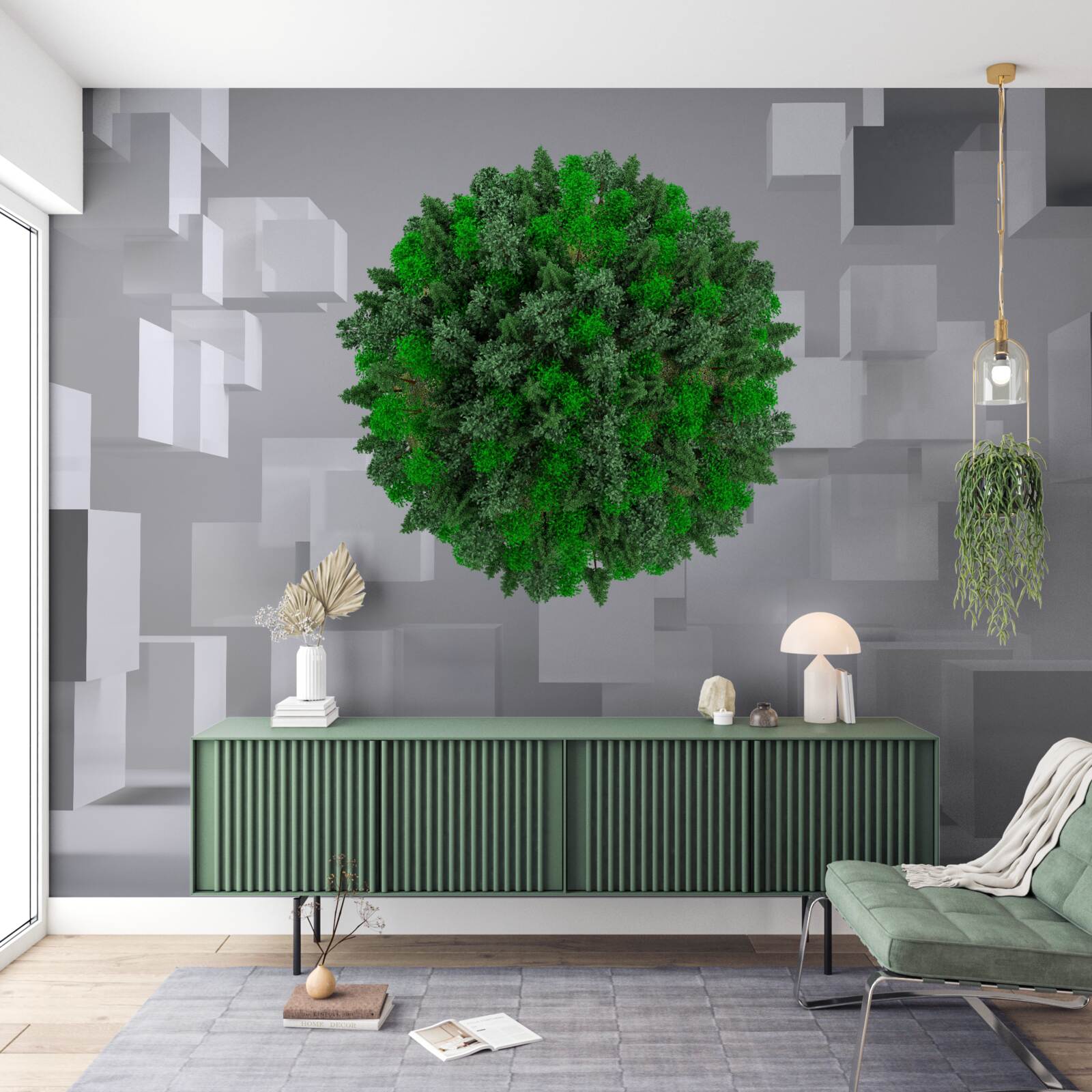 Papier peint carte géométrique recouverte d'un manteau vert de plantes